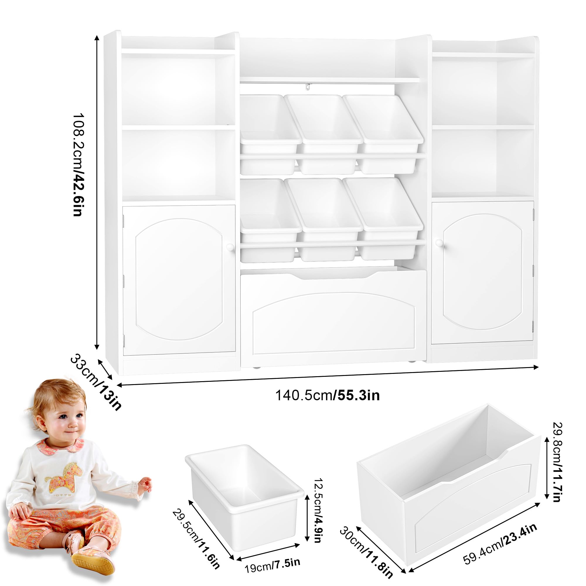 FINETONES 55” Toy Storage Organizer with Removable Bins, 5-in-1 Kids Bookshelf with Movable Chests and Book Shelves Behind The Doors, Toy Organizer Playroom with 6 Toy Bins and 8 Storage Cubes, White