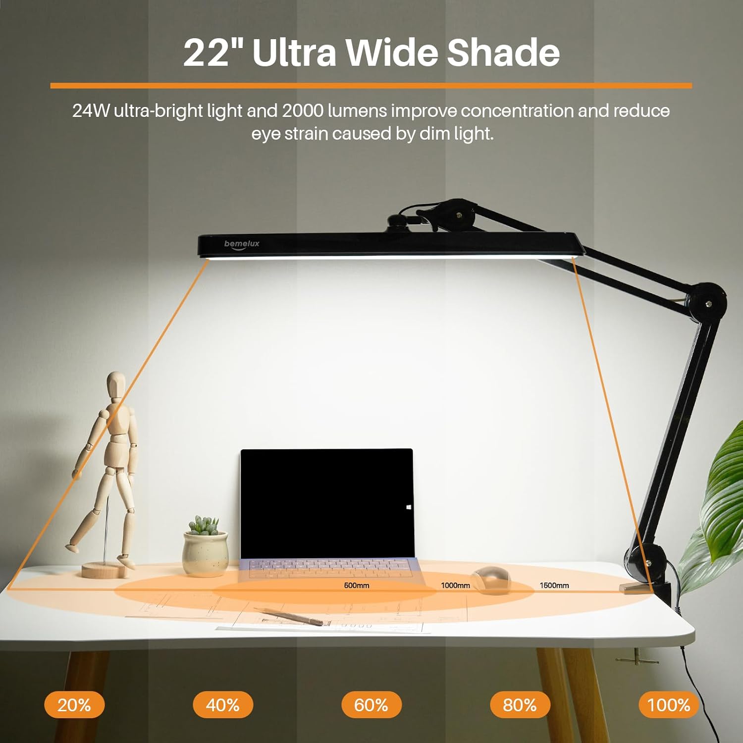 led architect desk lamp with clamp, metal swing arm 2000 lumens dimming office table lamp for task work drafting reading desktop, 117pcs bright leds, 24w workbench lamp(black) black non-cct