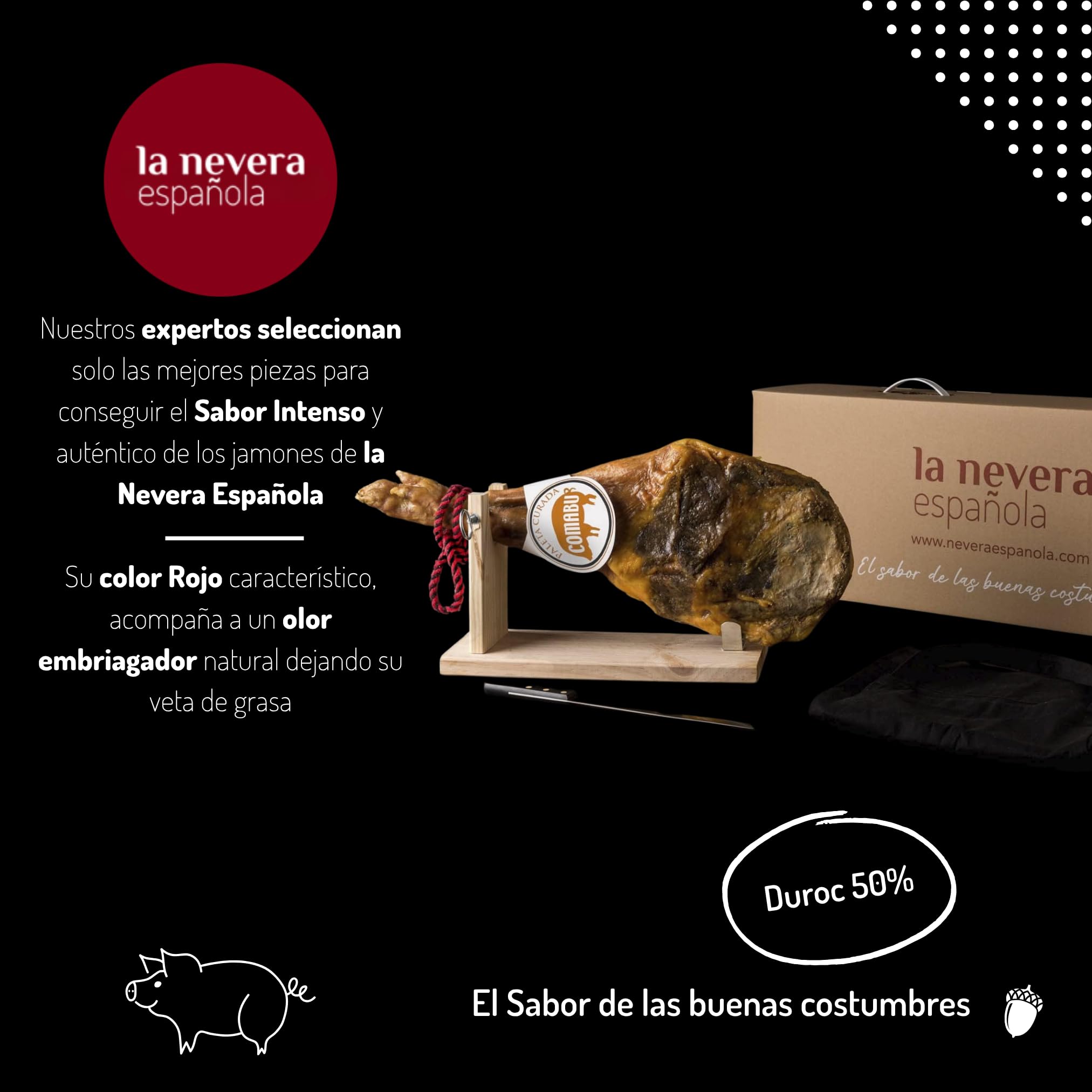 La Nevera Española | Paleta Curata, Porta Prosciutto, Coltello e Grembiule | Peso 4,5 KG | Curación Minima 10 Mesi | Prosciutto Comabu | Il Prosciutto della Nevera Española