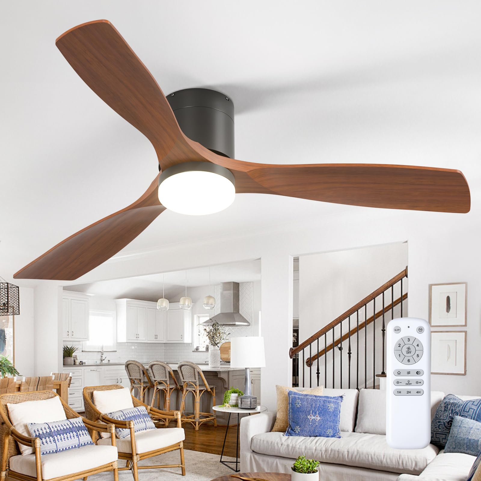 addlon 52 inch Ceiling Fans with Lights, Low Profile Ceiling Fan with Light and Remote Control, Flush Mount, Reversible, 3 Wood Blades, 3CCT Dimmable,