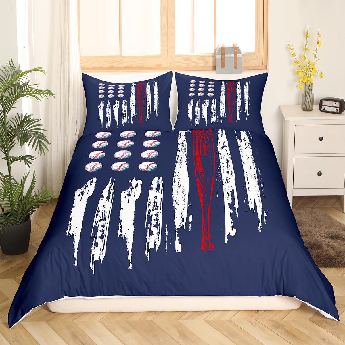Manfei Baseball Pattern Duvet Cover Sets Double Size,Sports Theme Bedding Set 3Pcs for Kids Girls Boys Adult Room Decor,Navy Blue Comforter Cover Chic Quilt Cover,2 Pillowcases โ image 1