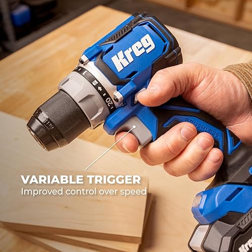 Miniatura 5 de Kreg Taladro compacto de 12 pulgada con accionamiento iónico de 20 V, cargador Blue Ion de 20 V y paquete de batería de 2 Ah, taladro inalámbrico