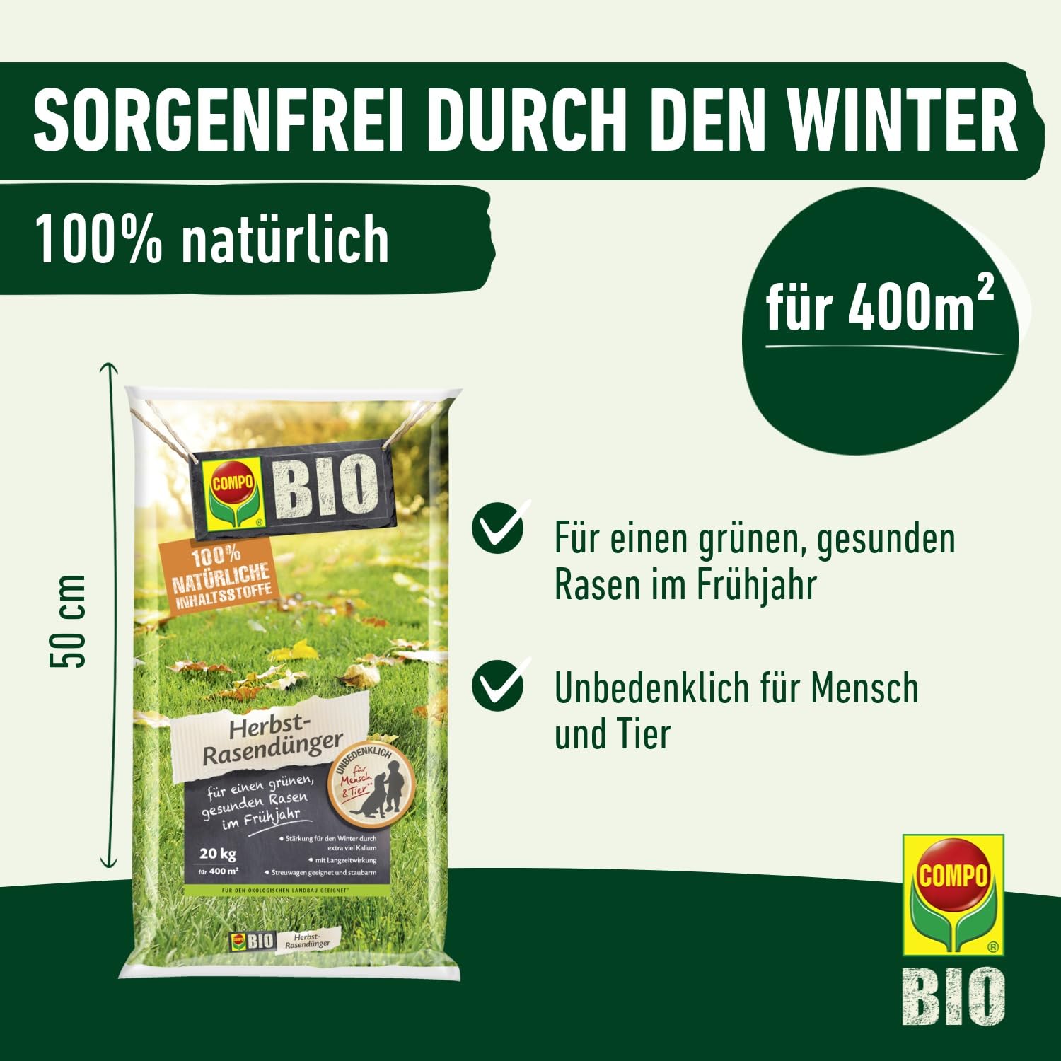 COMPO BIO Herbst-Rasendünger als Stärkung für den Winter und für einen grünen, gesunden Rasen im Frühjahr 20 KG für 400 m²
