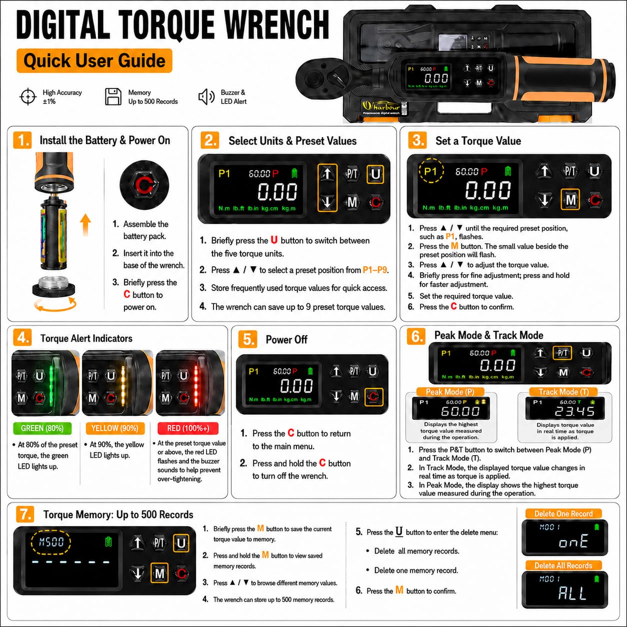 Uharbour Llave Dinamométrica Digital 3/8" Drive, 0,9-60 Nm – Precisión ±1%, 5 Unidades (in-lb/ft-lb/Nm/kg-cm/kg·m), con Zumbador y Alertas LED – Para Bicicleta, Moto y Coche