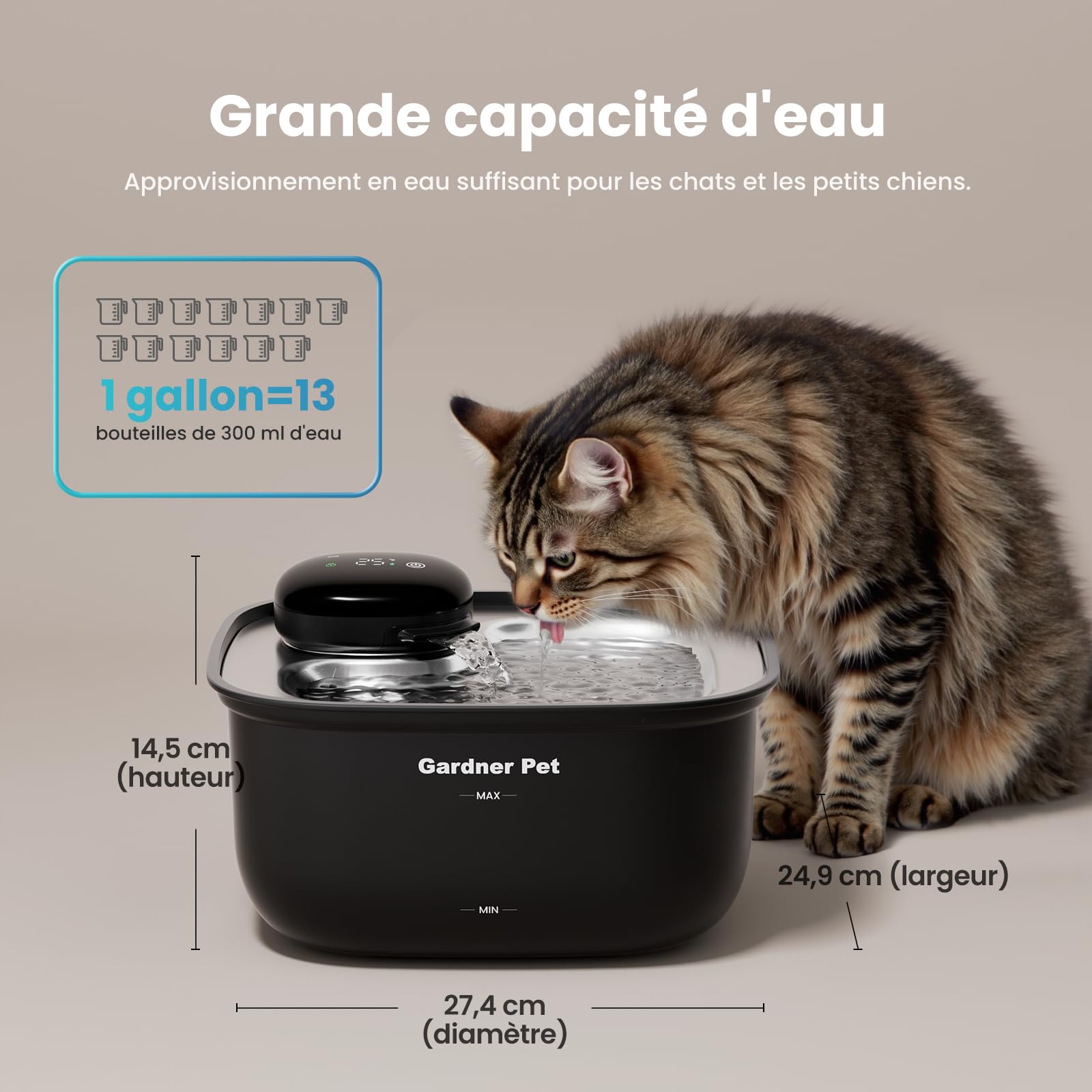Gardner Pet Fontaine à Eau pour Chat et Chien sans Fil en Acier Inoxydable 3.78L, Distributeur d'eau Automatique à Pile avec Capteur de Mouvement, Affichage de Température et Filtration - Noir