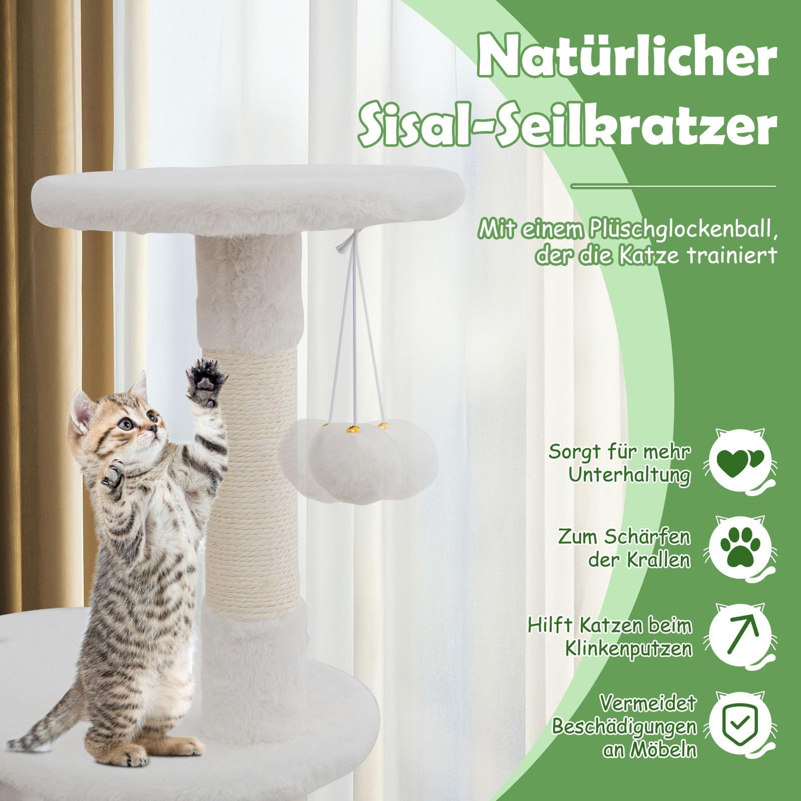 GYMAX 2-in-1 Kratzbaum 132 cm, multifunktionaler Katzenbaum mit Katzentoilette, Katzenschrank mit Katzenhaus, Kletterbaum, Katzenkratzbaum mit Plattform, Sisal-Kratzpfosten & hängendem Ball (Weiß)