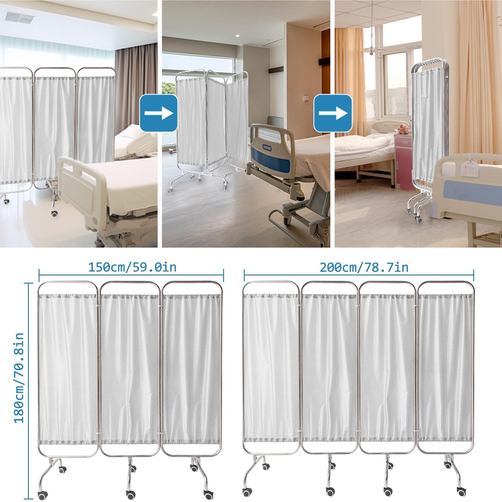 Paravento Medico Per La Privacy, Paravento Pieghevole Con Ruote, Divisorio Pieghevole Per Ambulatori, Ospedali E Case Di Cura, Struttura In Acciaio Inossidabile(Blue,4 Panels)