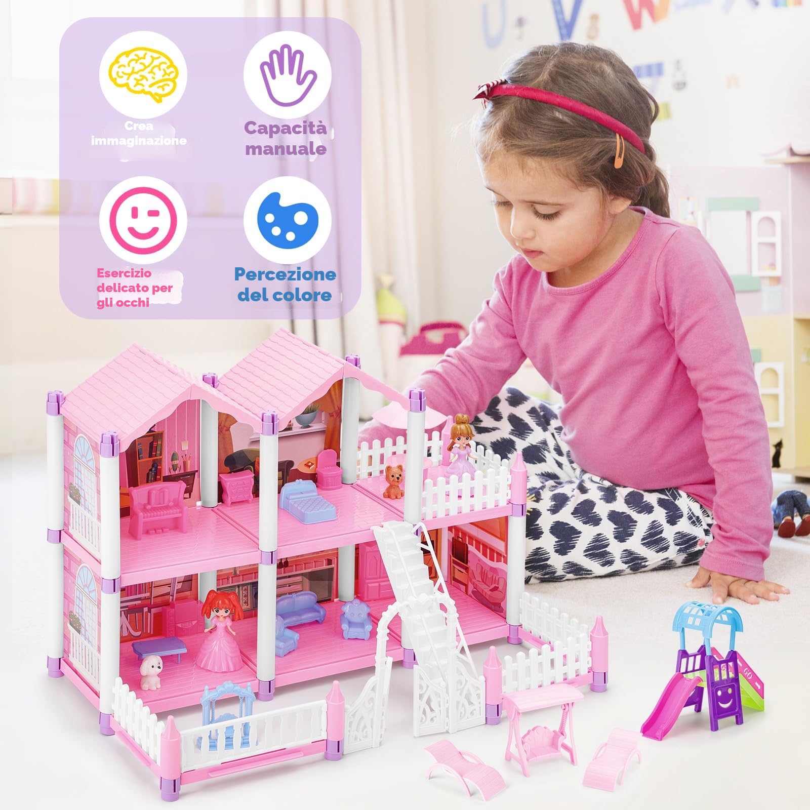 deAO Casa delle Bambole Piccola con 2 Bambole, Mobili e Accessori, Villa dei Sogni con 5 Stanze, 1 Terrazza e Giardino, Gioco Creativo per Bambine 3-8 Anni, Rosa