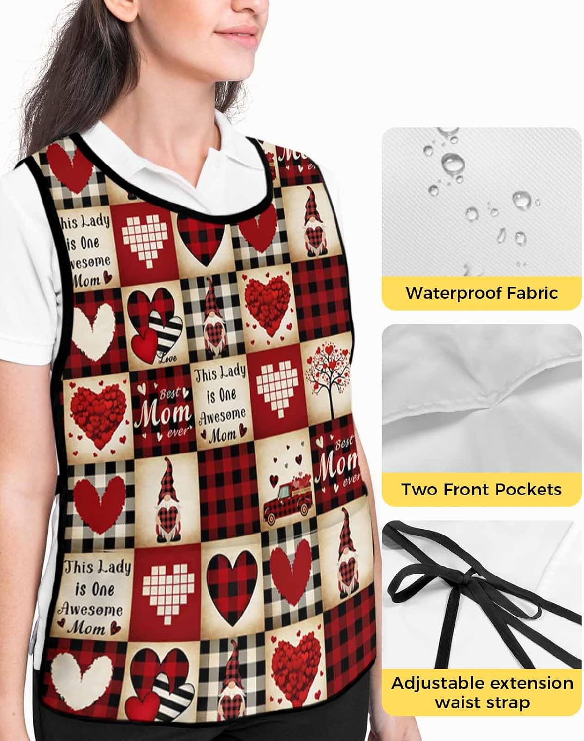 Red Love Gnomes Plaid Truck Cobbler Aprons with 2 Pockets for Women Men, Happy Mother's Day