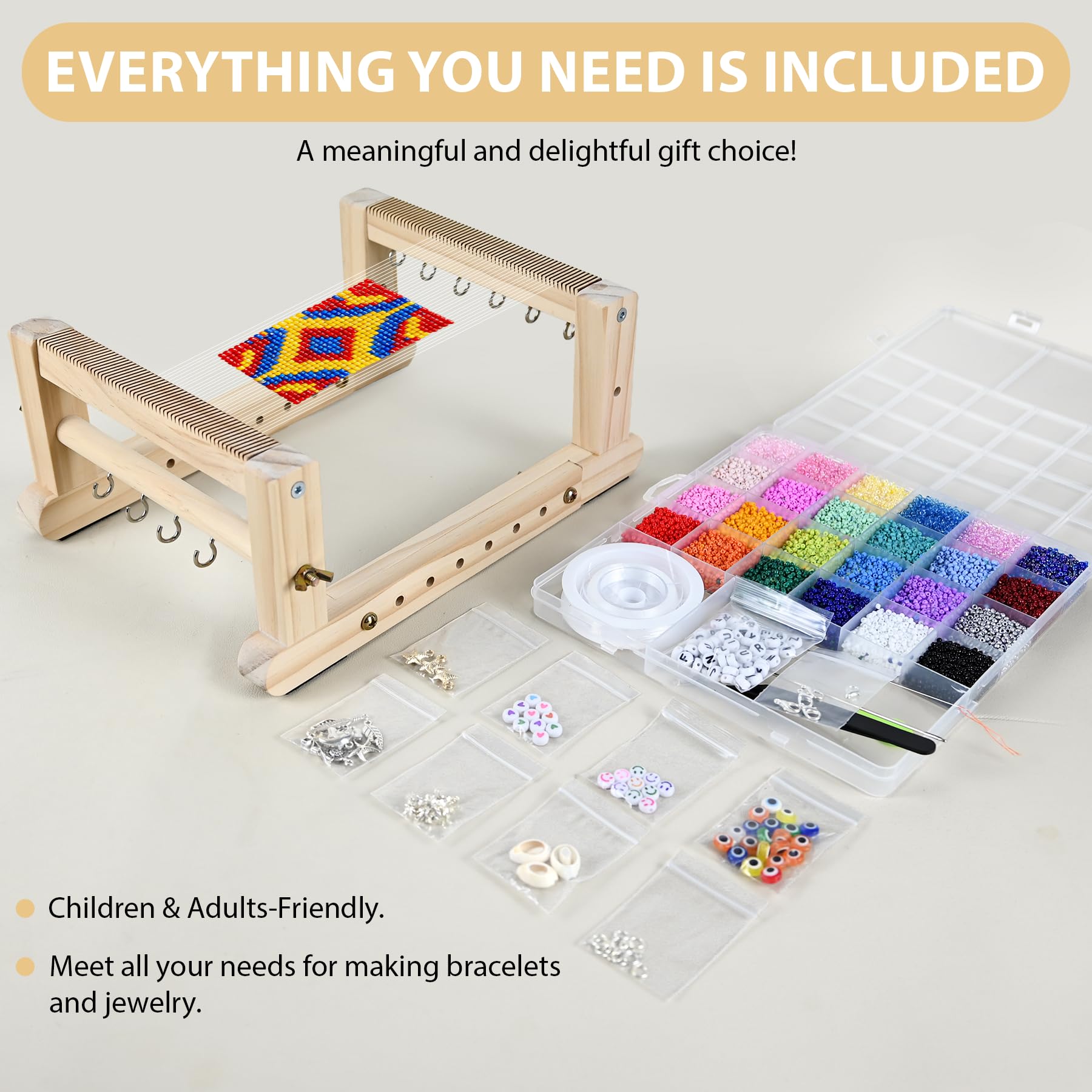 Whemyreat Einstellbar perlenwebrahmen set,Perlwebrahmen aus Holz zum Perlenfädeln,Webrahmen mit bunten Perlen für Kinder ab 6 Jahre,inkl.Weave,Ketten,Armbänder und mehr