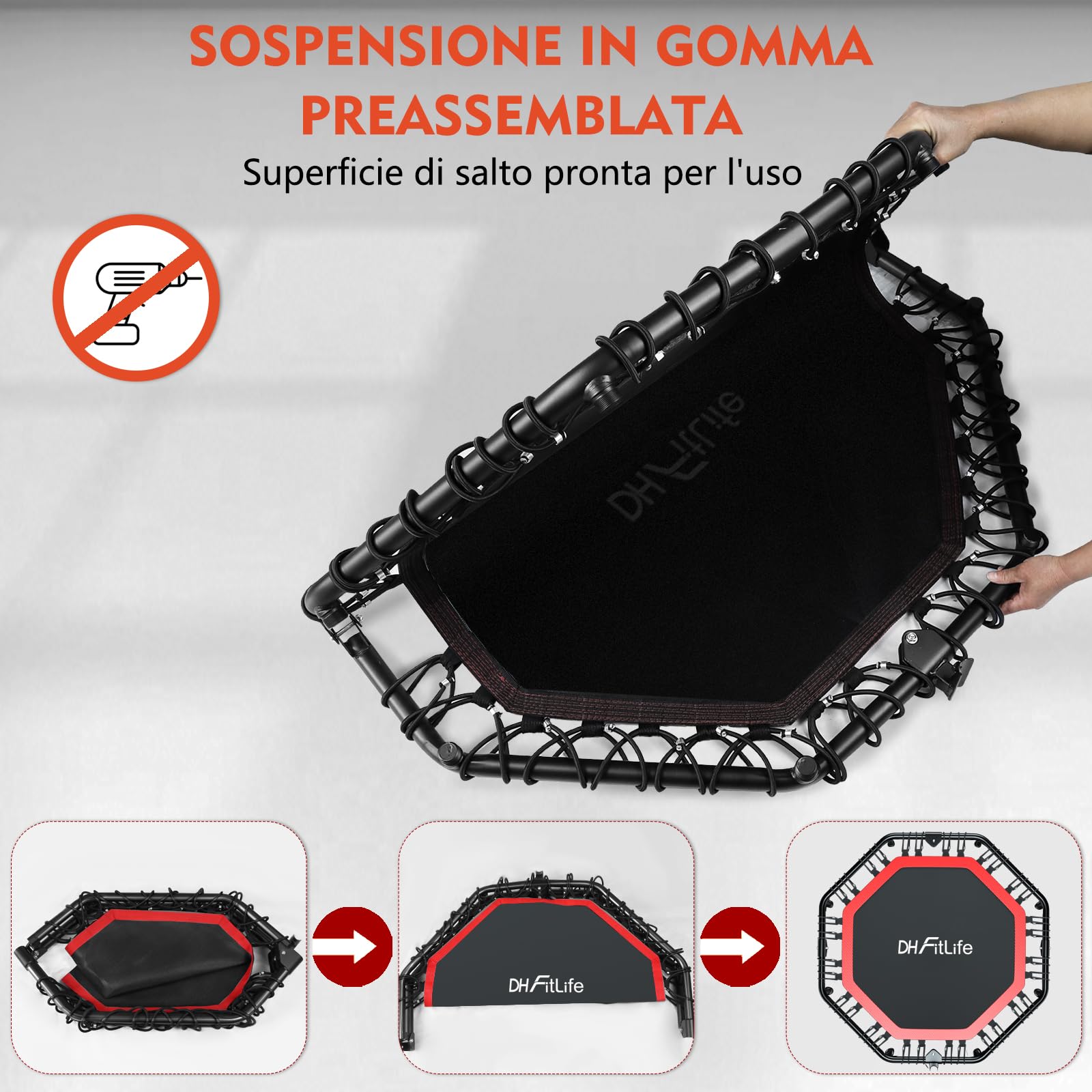 DH FitLife Trampolino da fitness, pieghevole, silenzioso, senza installazione, trampolino da 50 pollici, 128 cm, per interni ed esterni, con 3 gradini regolabili