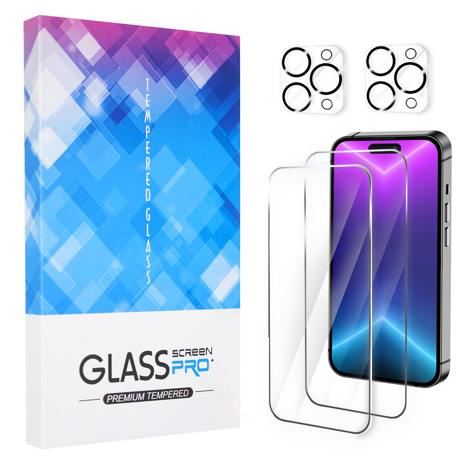 Nozza 2-Pack Screen Protector for iphone 15 Pro（6.1 inch） + 2 Pack Camera Lens Protector ，Tempered Glass Screen 9H Hardness Film Guard, Ultra HD，Case Friendly，Easy installation