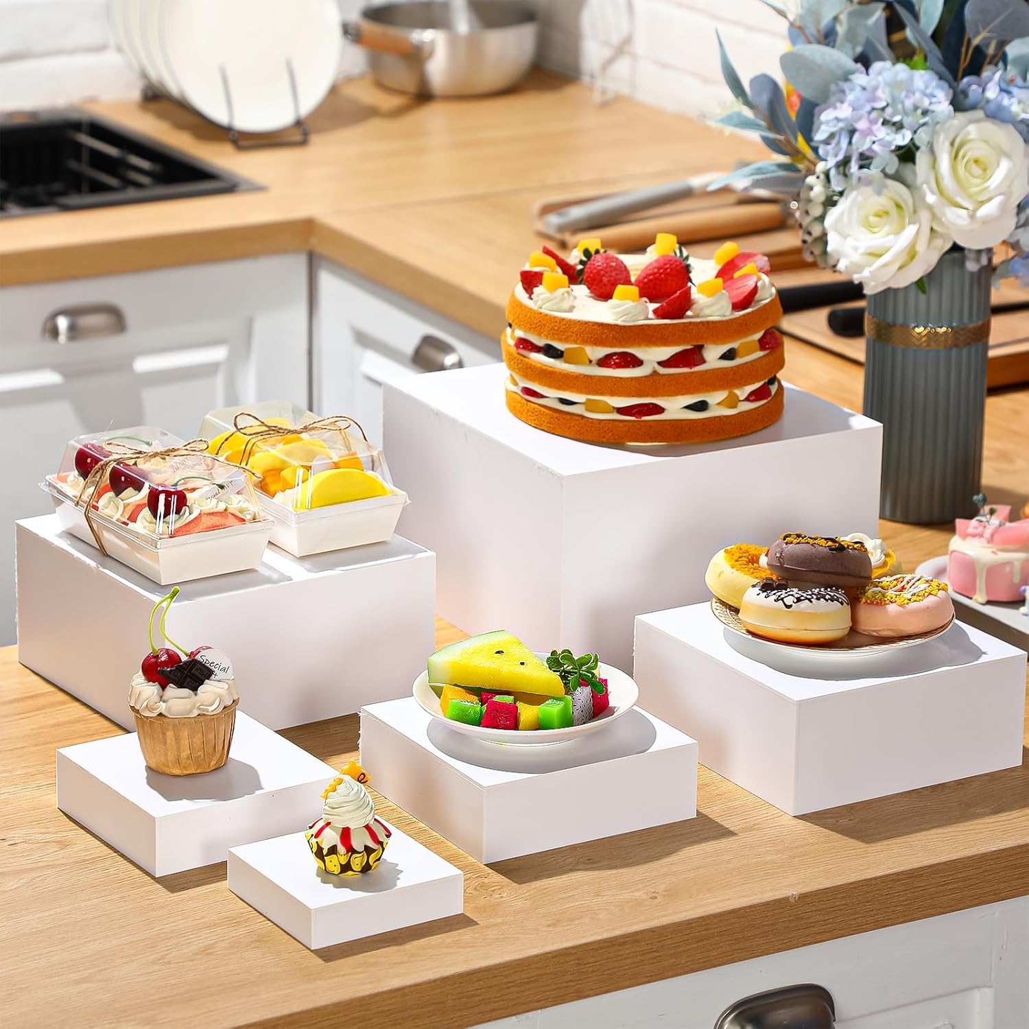 Lot de 6 présentoirs à gâteau en acrylique de 3", 4", 5", 6", 7", 8", pour table de buffet, présentoir à dessert avec fond creux, présentoir pour figurines, collectionneurs, bijoux et cupcakes