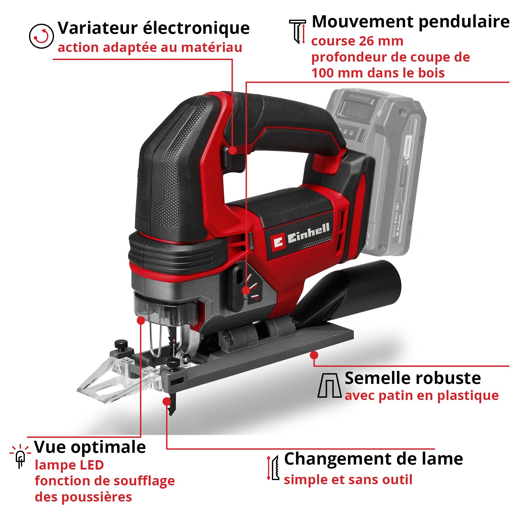 Einhell Scie sauteuse sans fil TE-JS 18/100 Li-Solo Power X-Change (18 V, profondeur de coupe 100 mm dans le bois, hauteur de course 26 mm, coupes en biais jusqu’à 45°, avec lame, sans batterie)