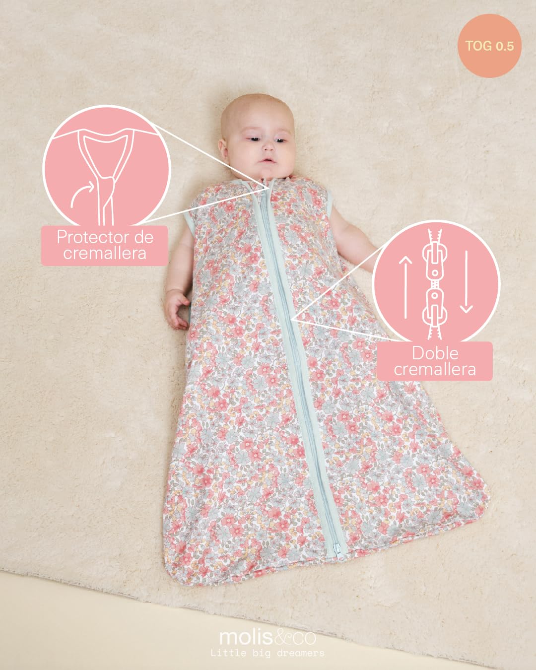 molis&co - Saco de Dormir para bebé 0.5 TOG - 95 cm (18-36 Meses) - Saco Dormir Bebe Verano sin Mangas - Saco de Dormir para Niños Niñas (Unisex) - 100% Algodón (Certificado Oeko-Tex) - Summer Bloom — view 3