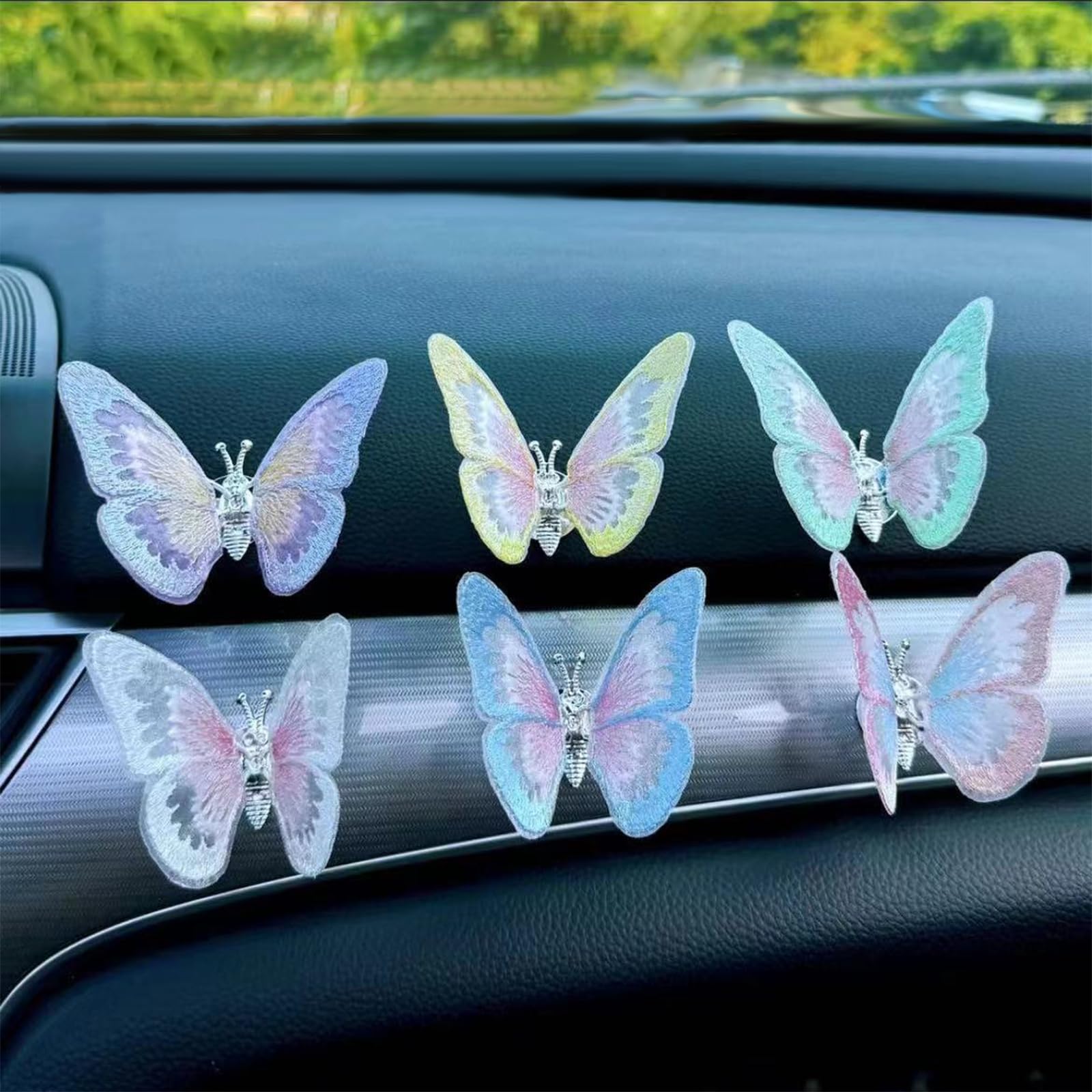 Multi-Colored Wing-Waving Butterfly, Embroidery Butterfly Car Decoration, Car Dashboard Decorations, Butterfly Car Accessories, Butterfly Car Vent Clips Decoration for Car (6 x Butterfly Sticky)