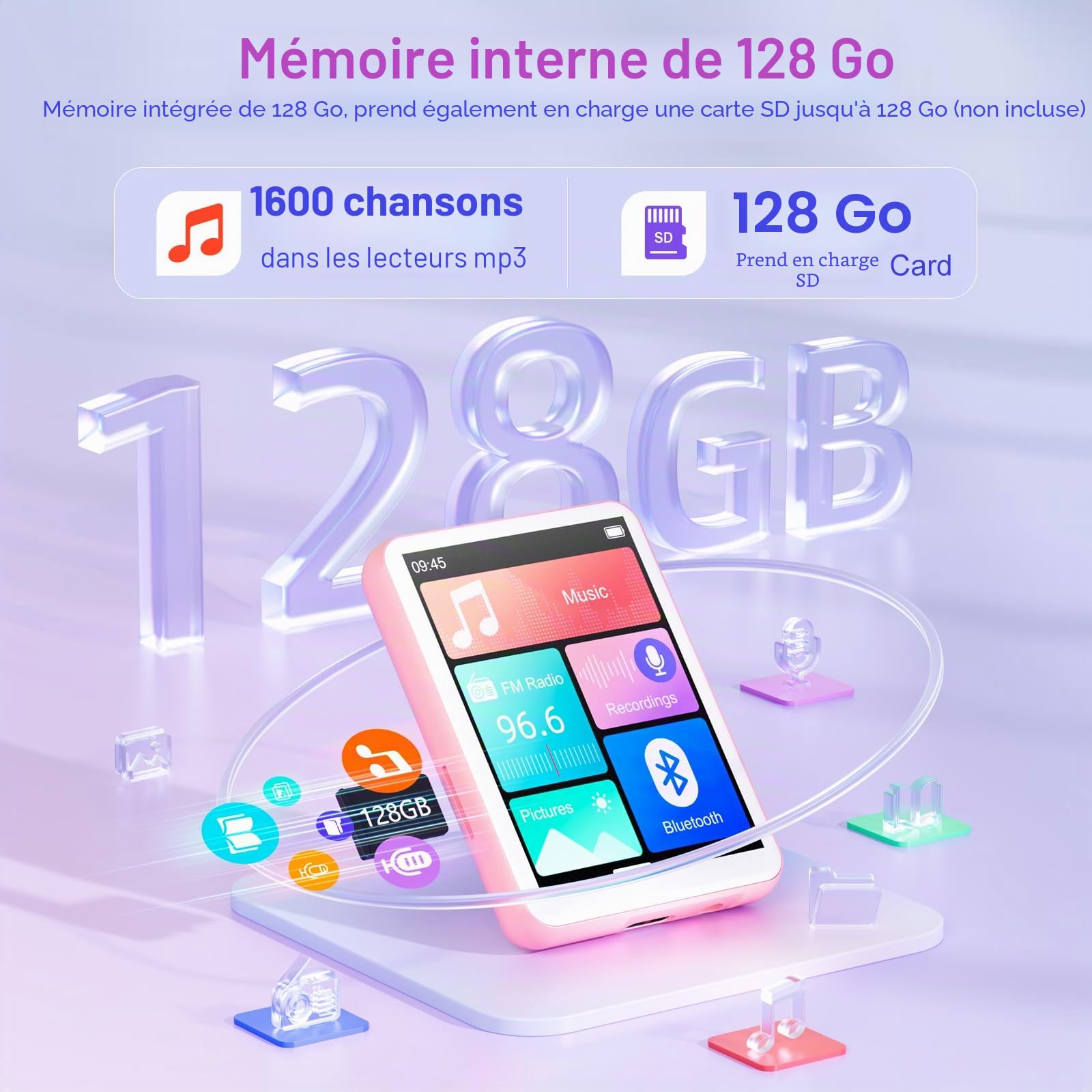 128Go Lecteur MP3 Bluetooth 5.4, Oilsky 2,4'' écran Tactile MP3, Lecteur Musique Portable avec Haut-Parleur et Radio FM, Lecteur MP3 pour Enfants Sportifs (Rose)