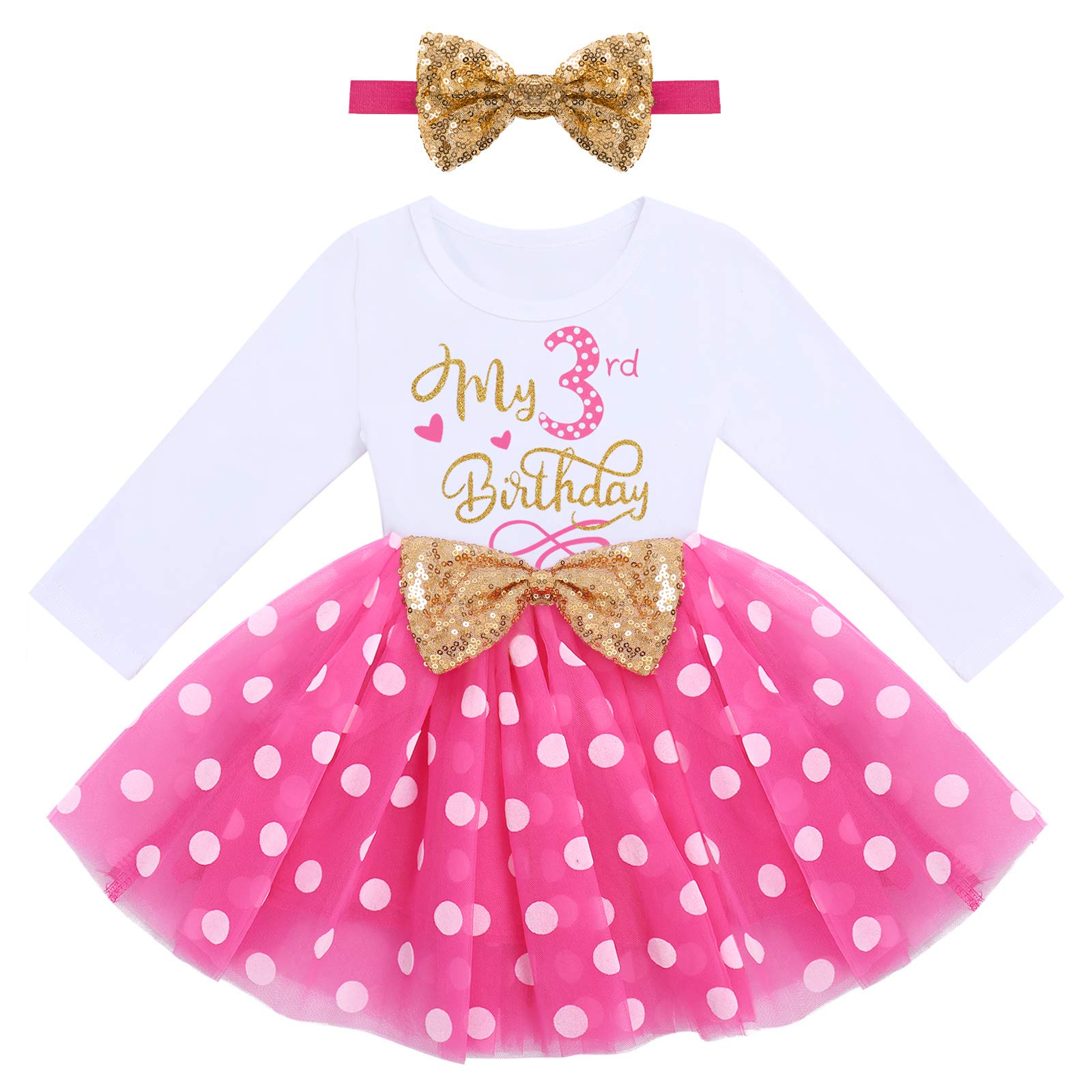 Winter Birthday Outfit Girl My Third Birthday Mini Dress Headband Cake Smash Outfit Infant Baby Tutu Skirt Autumn Long Sleeve Mouse 3rd Birthday Party Supply I'm Three Photo Props Polka Dots Hot Pink