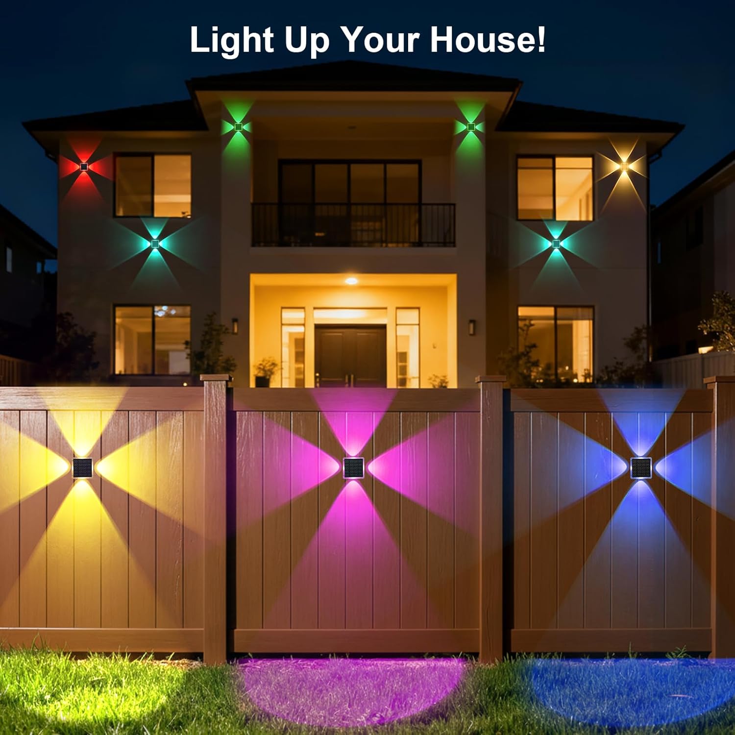 AUDLES Solar Lights Outdoor Waterproof, 4-Sided Glow Solar Wall Lights, Warm White & RGB 8 Modes Color Changing Solar Fence Lights for Doorway Patio Deck Backyard-8 Pack