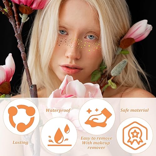 12 Gold PCS Freckles Face Tattoo Glitter Sparkle Freckles Temporary Face Tattoos Waterproof Cute Heart Star Speckles Patches for Women Girls Festival Rave Makeup Accessories