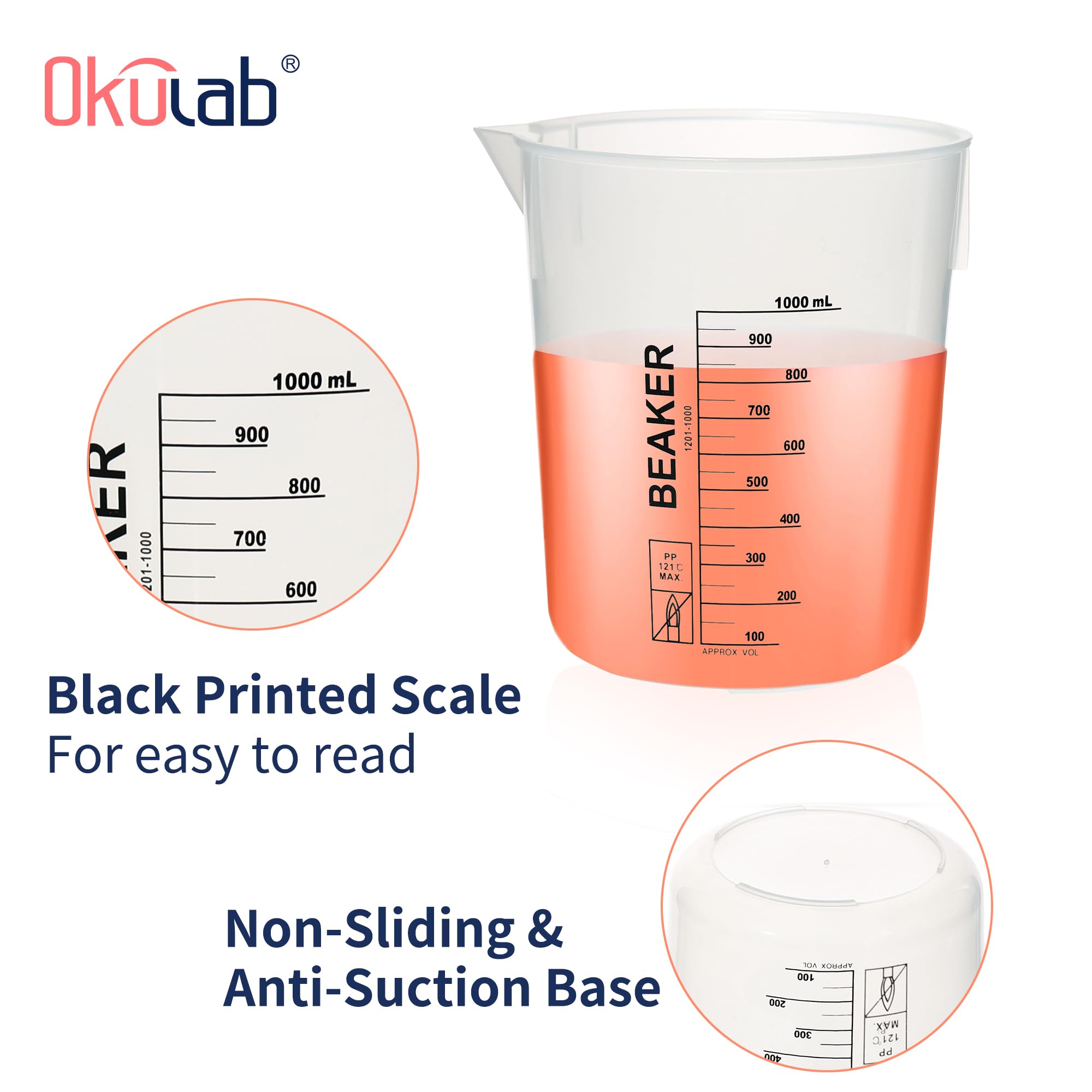 BKLP1000A3 - Juego de vasos de precipitados de plástico autoclavable, 3 unidades, 1000 ml, color negro, graduados, hechos de polietileno, con boquilla de descarga y varillas laterales apiladas,