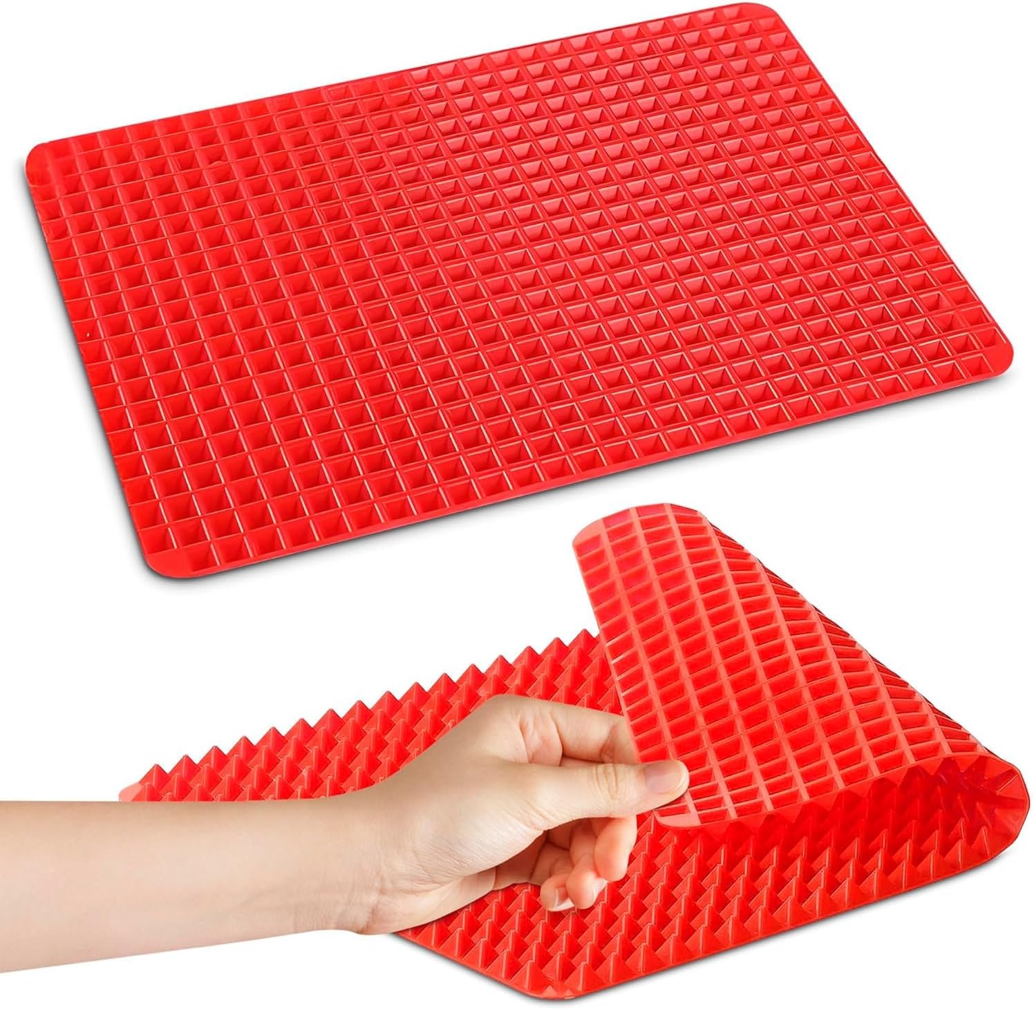 Red Silicone Baking Mat - 16x11.42" Non Stick Baking Mat With Fat Filtering Red Pyramid Design, Suitable for Oven & Microwave - Flexible & Easy-to-Clean Silicone Cooking Mats for Roasting, BBQ, Bacon