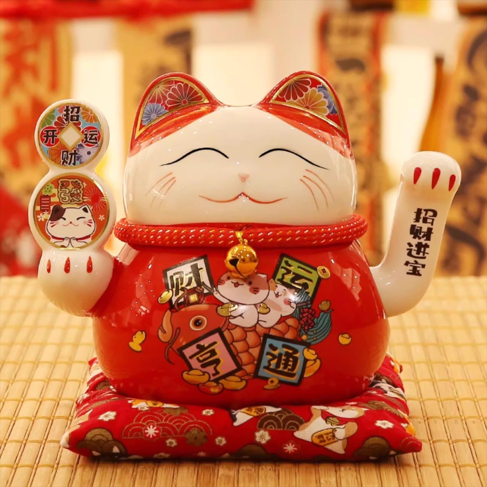Machające ramię Maneki Neko czerwona ceramiczna ozdoba, 20 cm 7,9 cala, chiński styl kreatywny mały ornament