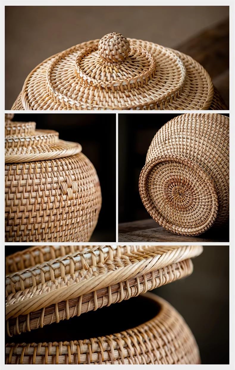 Photo 1 of Basket Storage Rattan Woven Baskets with Lid Round Wicker Fruit Boxes Decorative Tray Lids Sundries Mini Snack Bread Organizer (11)
