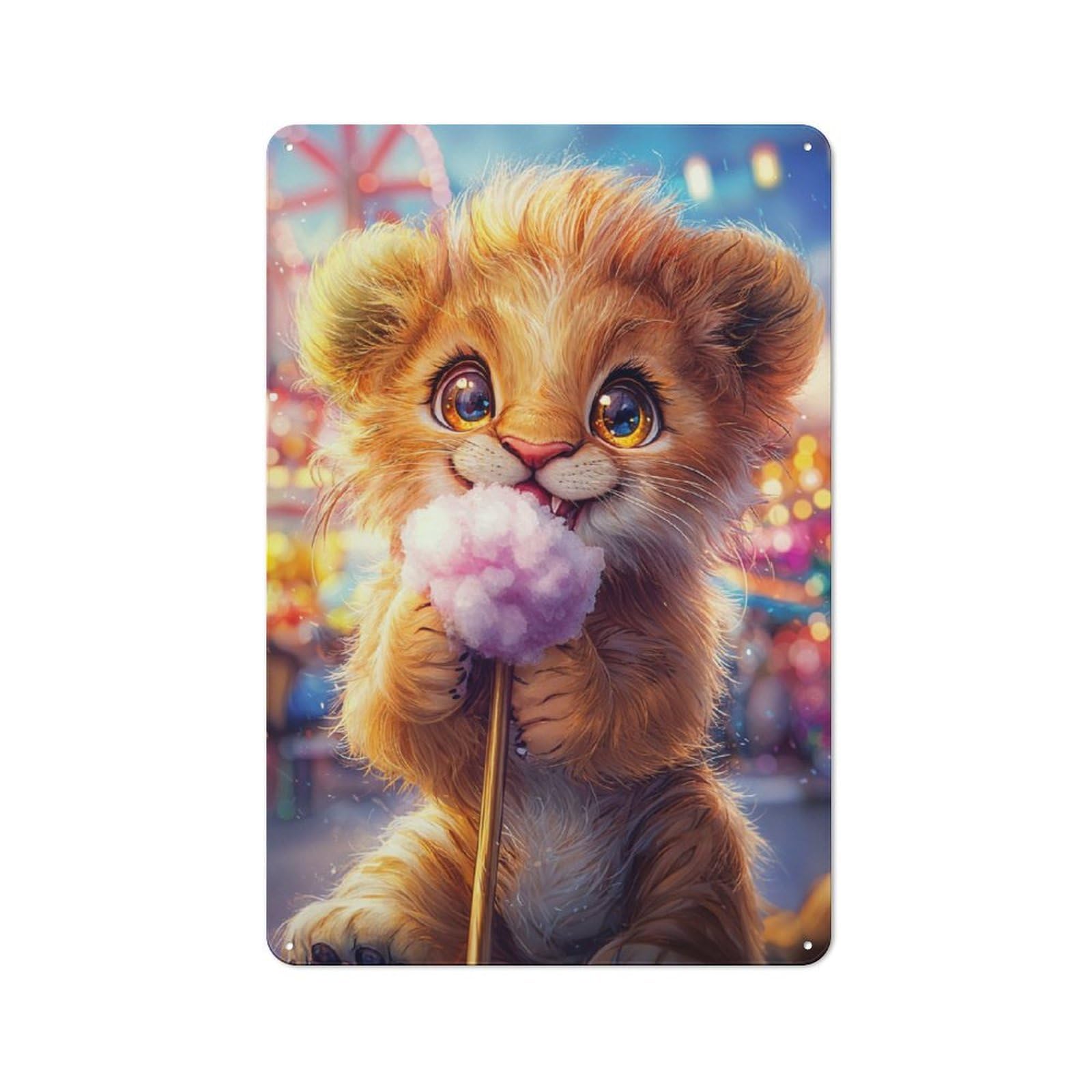 Cute Lion Cub with Cotton Candy Rustic Metal Wall Decor 30x20cm, Decorative Tin Plaque for Pub, Home Bar, Shed Or Man Cave