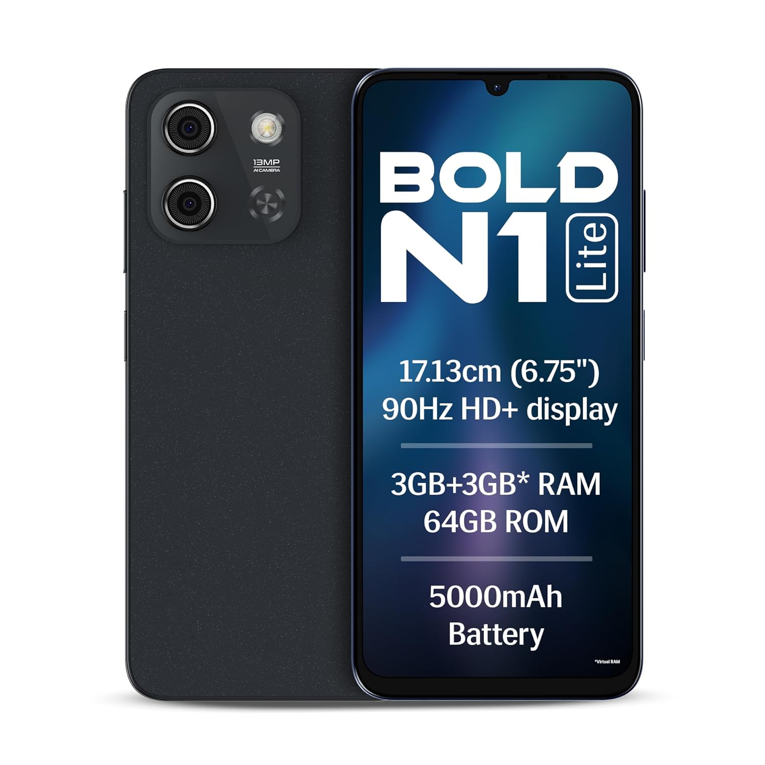 Lava Bold N1 Lite (Crystal Blue, 3 GB RAM, 64 GB Storage) | 6.75″ HD+ Display | 13MP AI Dual Rear Camera | 5000 mAh Battery | Secure Face Unlock | Fingerprint Reader | Charger & Phone-Cover in Box Lava Bold N1 Lite (Crystal Blue, 3 GB RAM, 64 GB Storage) | 6.75″ HD+ Display | 13MP AI Dual Rear Camera | 5000 mAh Battery | Secure Face Unlock | Fingerprint Reader | Charger & Phone-Cover in Box