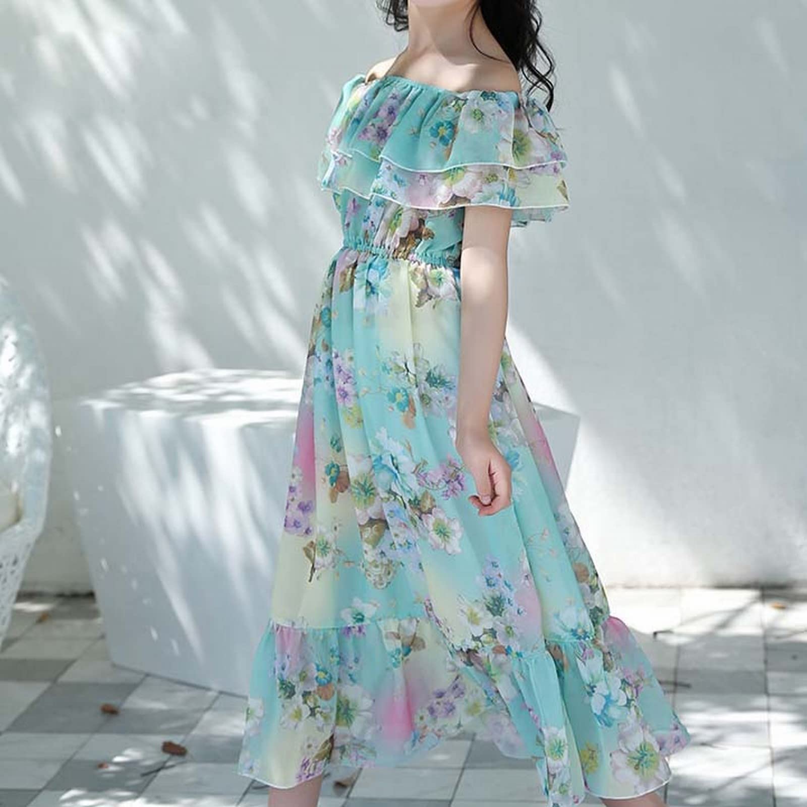 Kleid Kinder Mädchen - Chiffonkleid FüR Mädchen Im Sommer Im AusläNdischen Stil Mittellang Strand Schulterfrei Blumenkleid FüR GroßE Kinder Eignet Sich Als Hochzeitskleid FüR BlumenMädchen