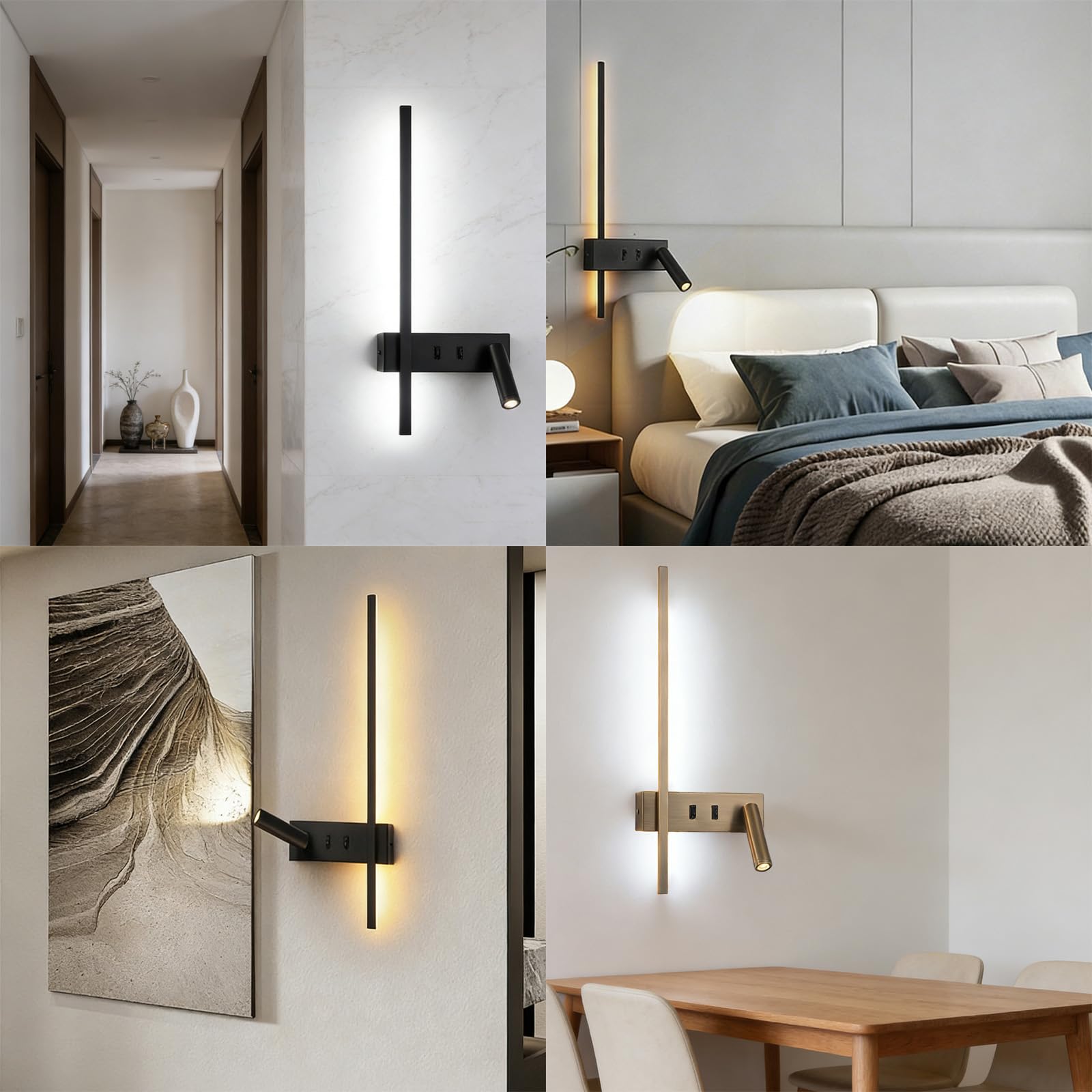Wandlampe LED Innen Moderne Dekorative Wandleuchte 270°+135° Drehbare Wandbeleuchtung mit 2 Schalter Wandleuchten Lange Acryl für Wohnzimmer Korridor Treppen (Schwarz – Rechts,Warmes Licht)