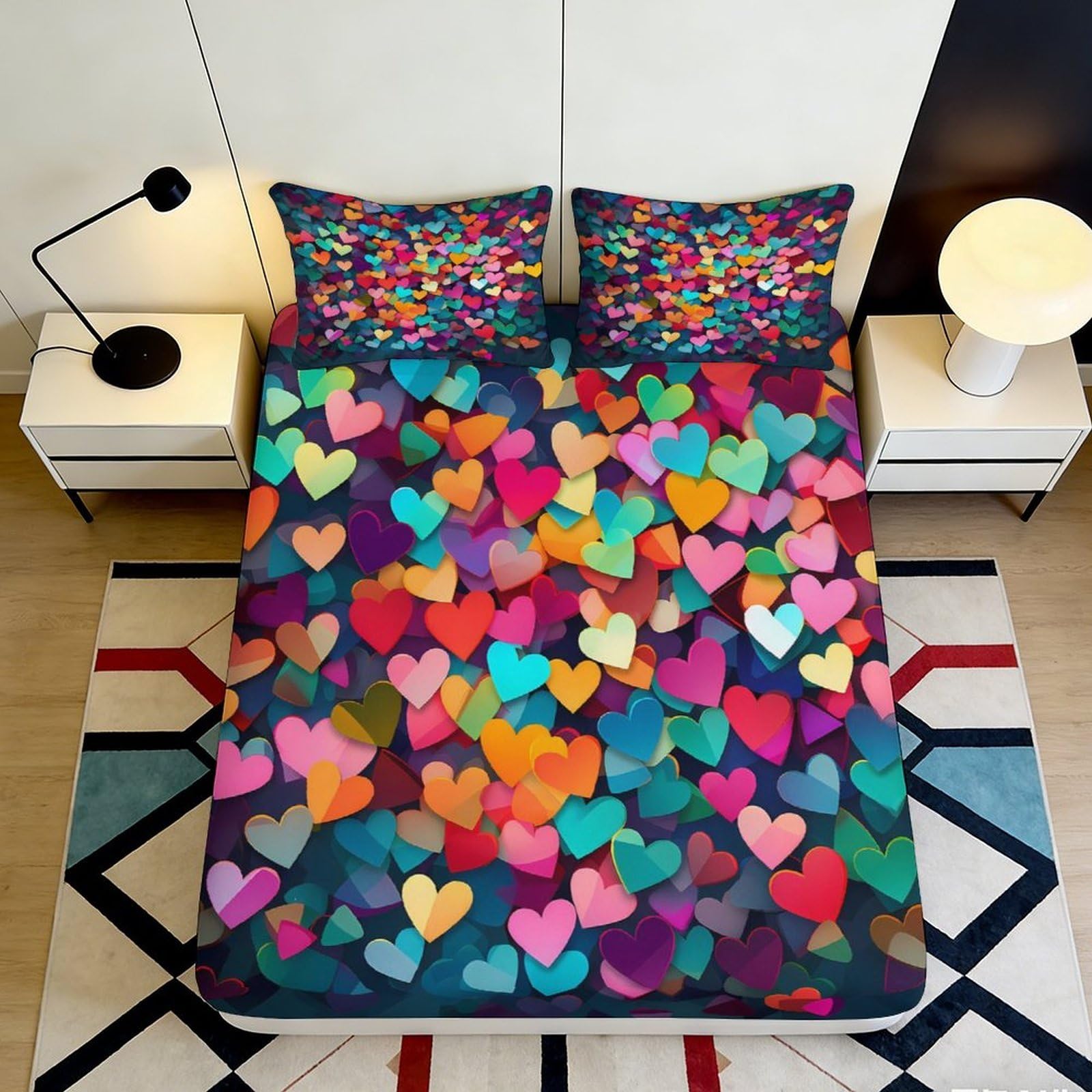 3D Printed Colourful Hearts Fitted Sheet Microfiber Deep Pocket Non-Slip Bedroom Bedding Hearts Mattress Fitted Cover Washable Wrap 140x200x25cm