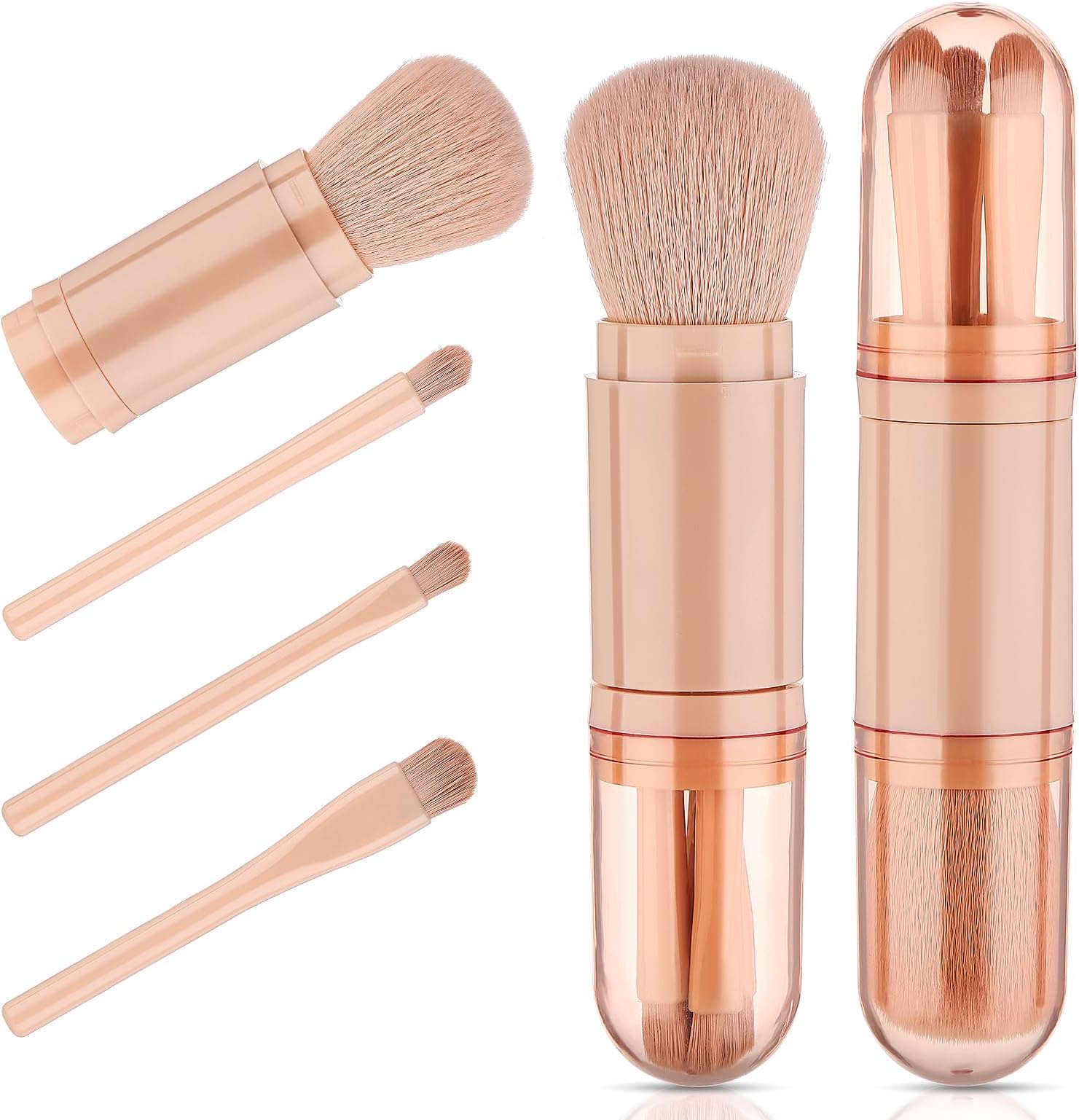 Sibba Travel Makeup Brushes Set 4 In 1 Mini Cute Makeup Brush Retractable Professional Foundation Brush Portable Cosmetics Accessories Make Up Holder Tool Fit Powder Eye Shadow Facial Contour