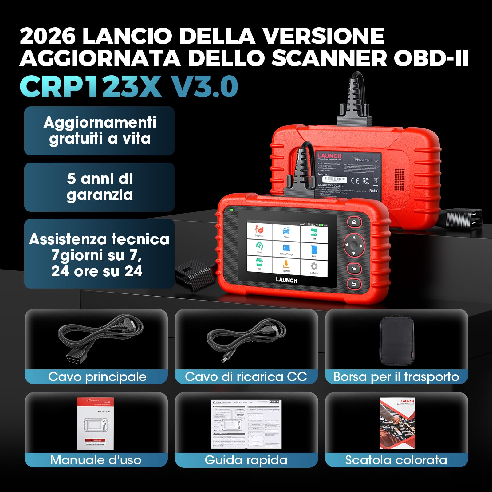 LAUNCH CRP123X V3.0 - OBD2 Diagnostica Auto Professionale per Tutte le Marche - Scanner 4 Sistemi, Reset EPB/FAP/Olio, SAS/BMS/TPMS, Test Batteria, Lettura VIN CON AGGIORNAMENTI GRATUITI A VITA