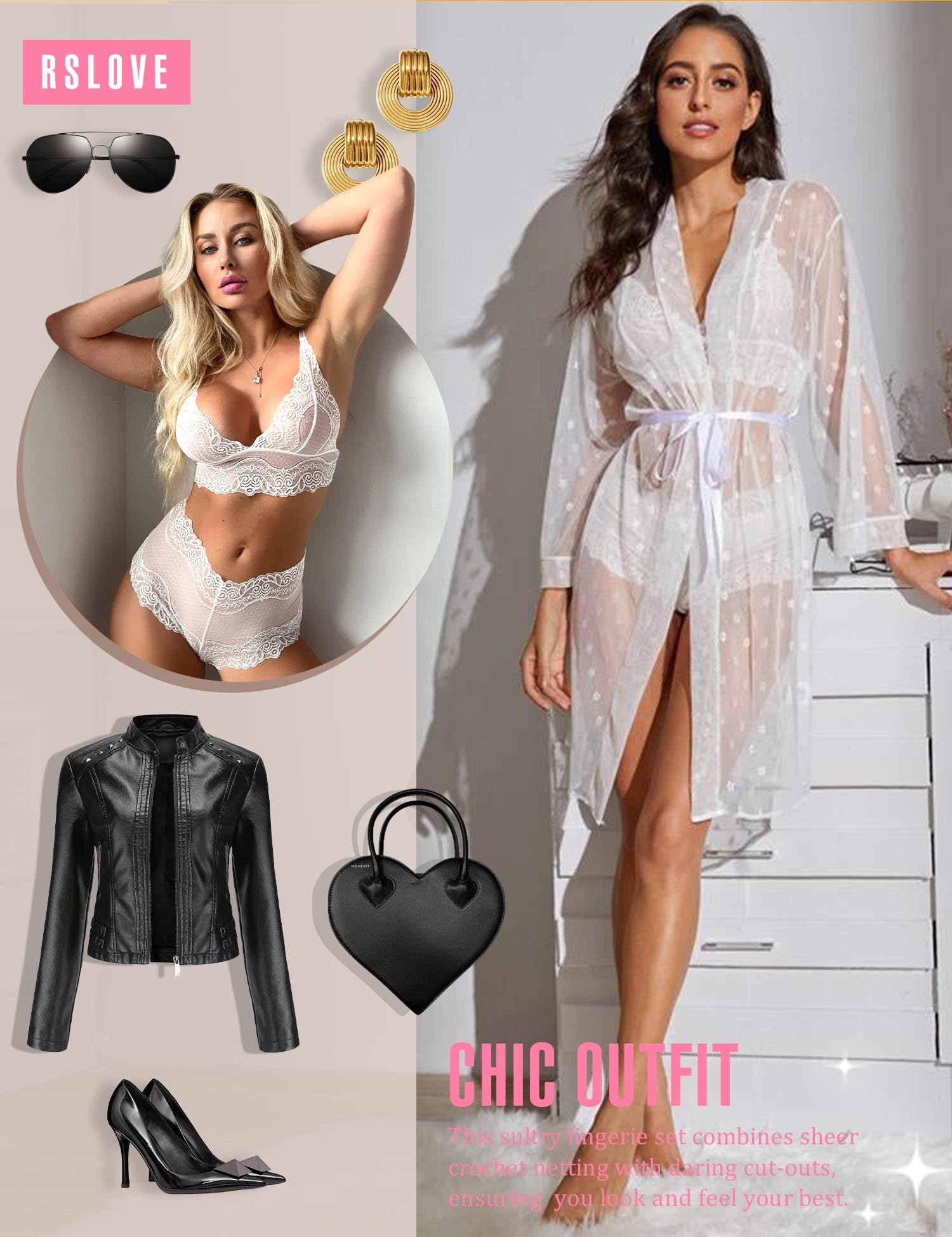 RSLOVE Women Lingerie Set with Robe - 3 Piece Lace Bra and Panty Set Sexy Sleepwear for Bridal Honeymoon Anniversary: Large White