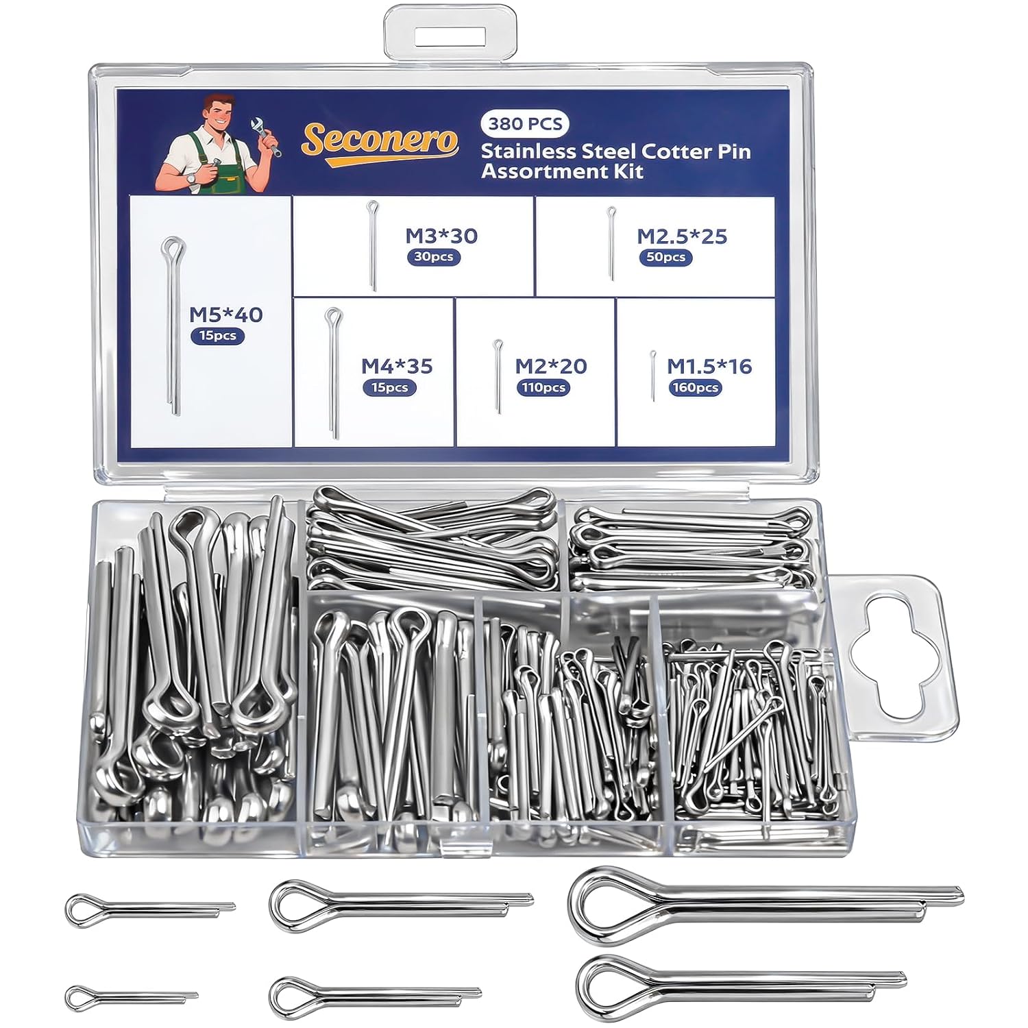 Set of 380 Cotter Pins Stainless Steel 6 Sizes