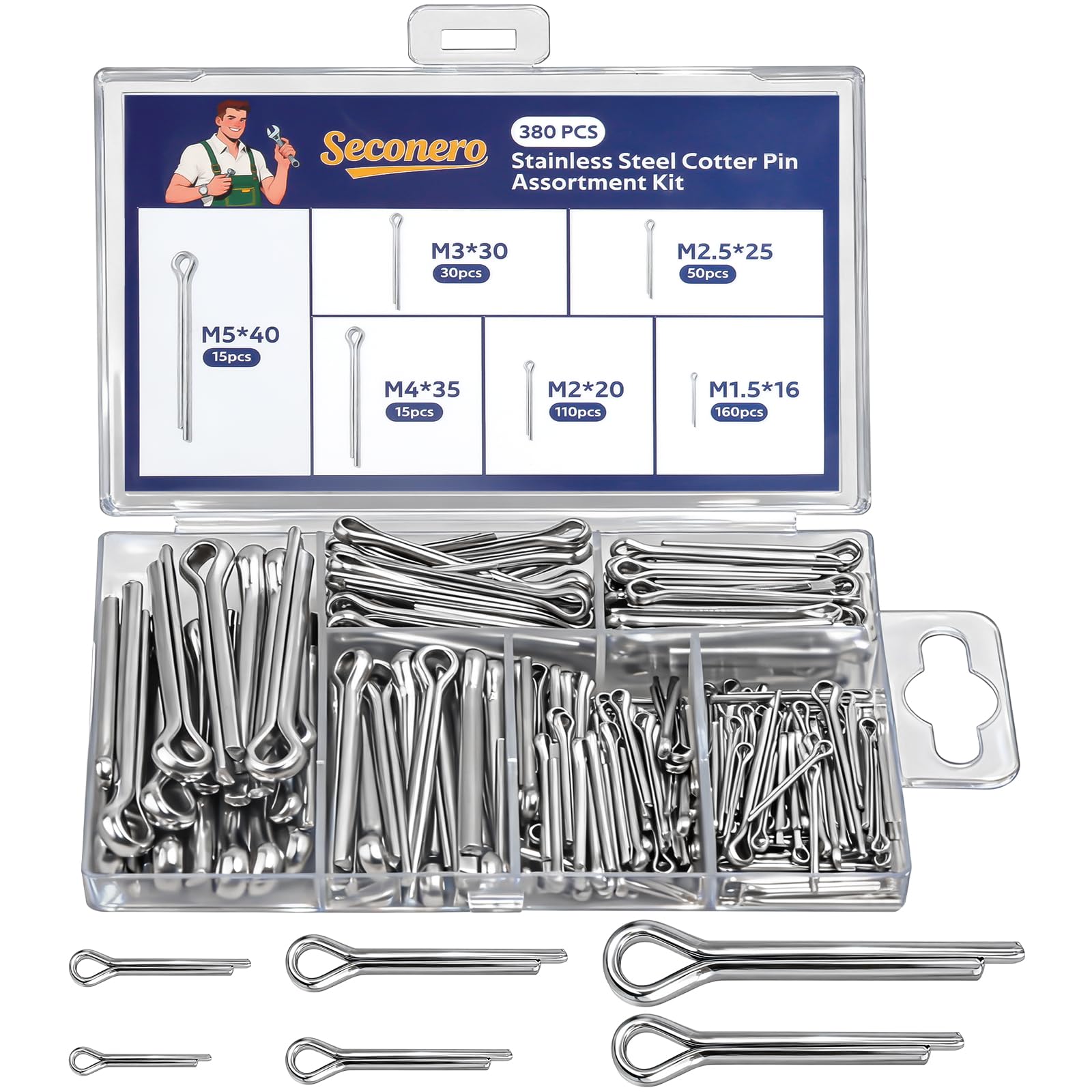 Seconero 380PCS Cotter Pins Assorted, 304 Stainless Steel Split Pins, 6 Sizes (M1.5, M2, M2.5, M3, M4, M5), Cotter Pin Assortment Kit for Automotive, Mechanics, Marine Repair, Workshop repair