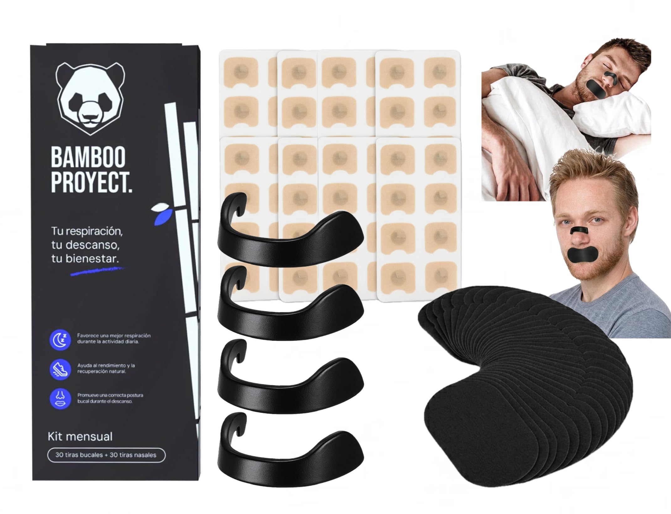 CABALLERO® Tiras Nasales Magnéticas PREMIUM + Tiras Bucales | Kit Mensual 60 parches + 30 tiras bucales | (GUIA PASO A PASO) | Para dormir y hacer deporte | Edición Bamboo Proyect