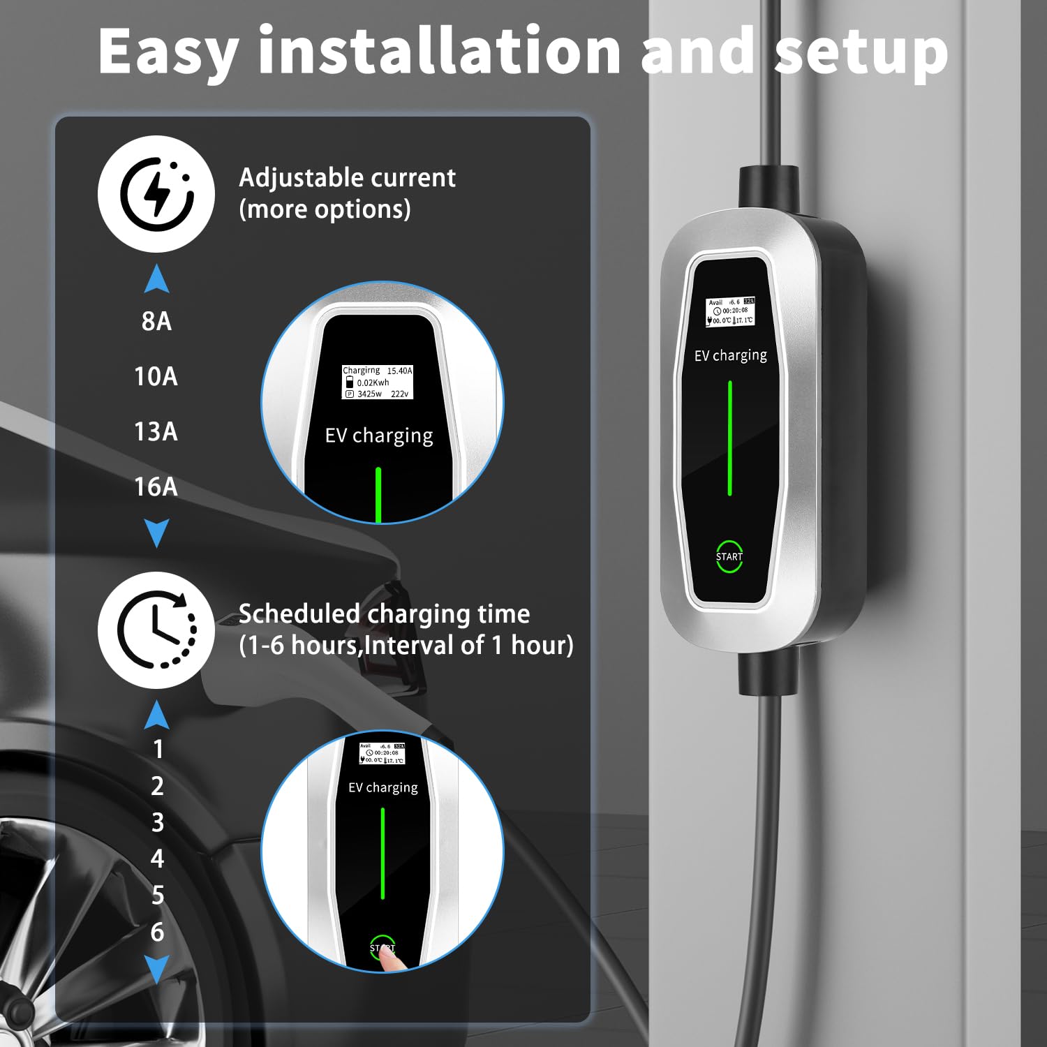 EV ładowarka trójfazowa, 16 A/5 m, kabel do ładowania typu 2, 3,5 kW, mobilna stacja ładująca, regulowany prąd i ustawienie czasu rozruchu dla wszystkich pojazdów elektrycznych EV PHEV IEC