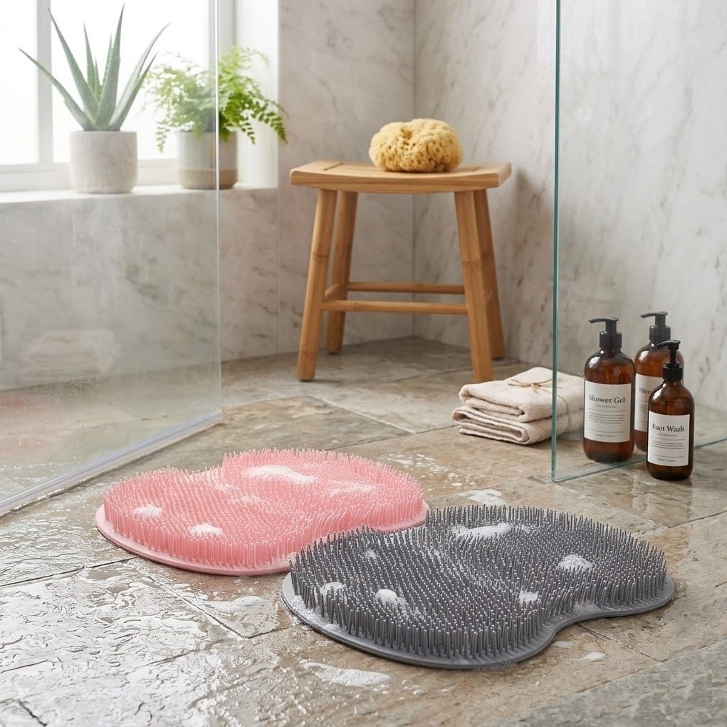 2 Pcs Shower Foot Scrubber Mat & Back Washer | Wall Mounted Exfoliating Pad with Suction Cups | Non-Slip Hands-Free Bath Massager for Feet & Body | Bathroom & Kitchen Cleaning Brush-image-48