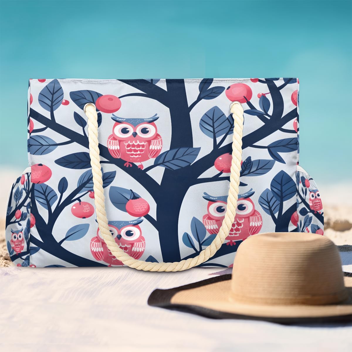 Hand Painted Fruit Tree Owls Beach Bag for Women Waterproof Sandproof Tote with Zipper Cotton Rope Handles for Travel Pool Gym Shopping