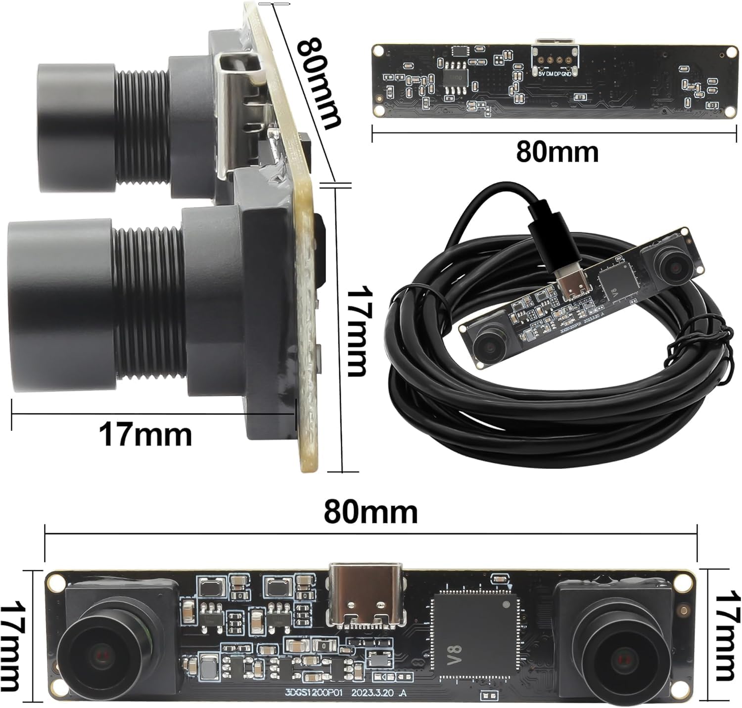 MMlove USB Stereo Camera Module,1200P 60FPS Global Shutter Synchronous Dual Lens 600P 120FPS High Speed 3D Webcam,94° Viewing Angle Lightburn Camera for VR Face Recognition,PC/Laptop/Raspberry Pi