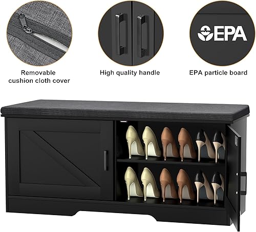 Miniatura 98 de Banco de almacenamiento de 2 niveles, banco de zapatos de 39.4 pulgadas de ancho con cojín de asiento acolchado, banco de entrada con 2 puertas de