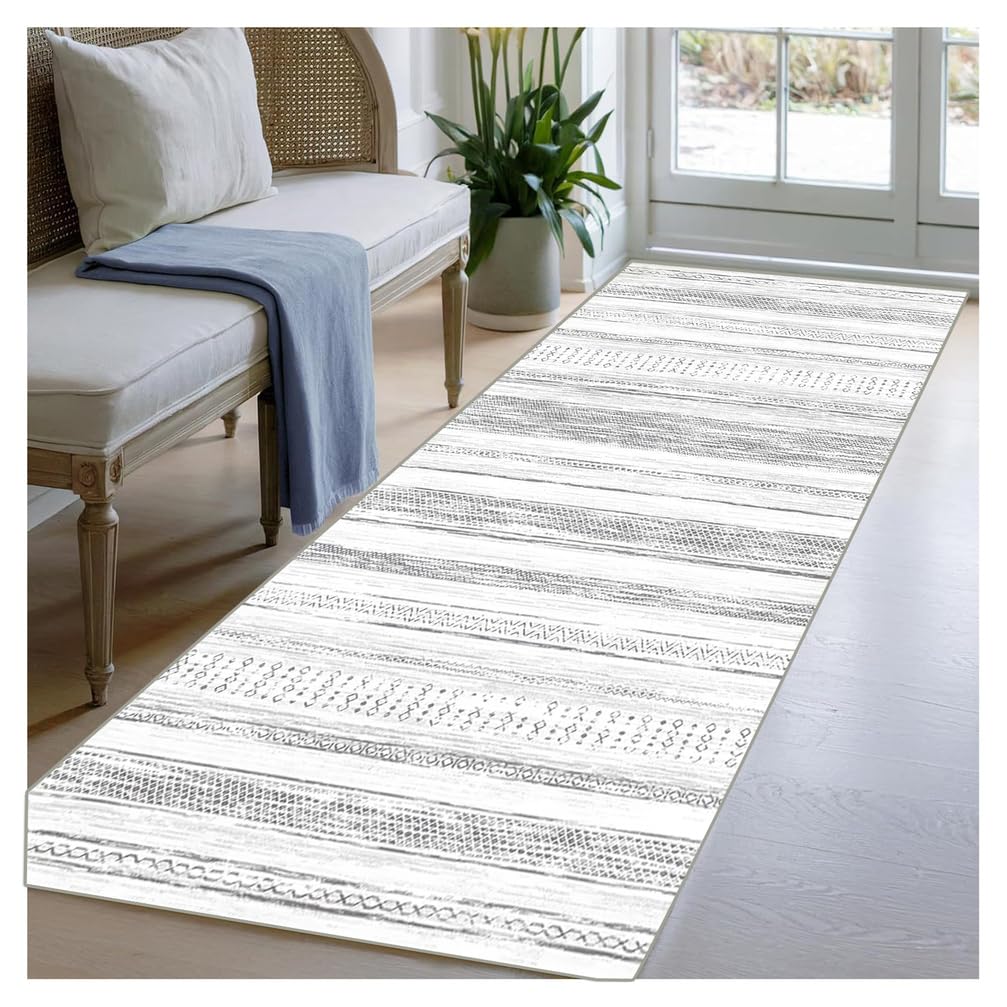 Tapis de Couloir Long Lavable 80x300 cm, Tapis d'Entrée Intérieur Antidérapant à Motifs Marocains, Tapis de Sol Doux pour Salle de Bain, Cuisine, Passage, Buanderie, Couleur Gris Clair