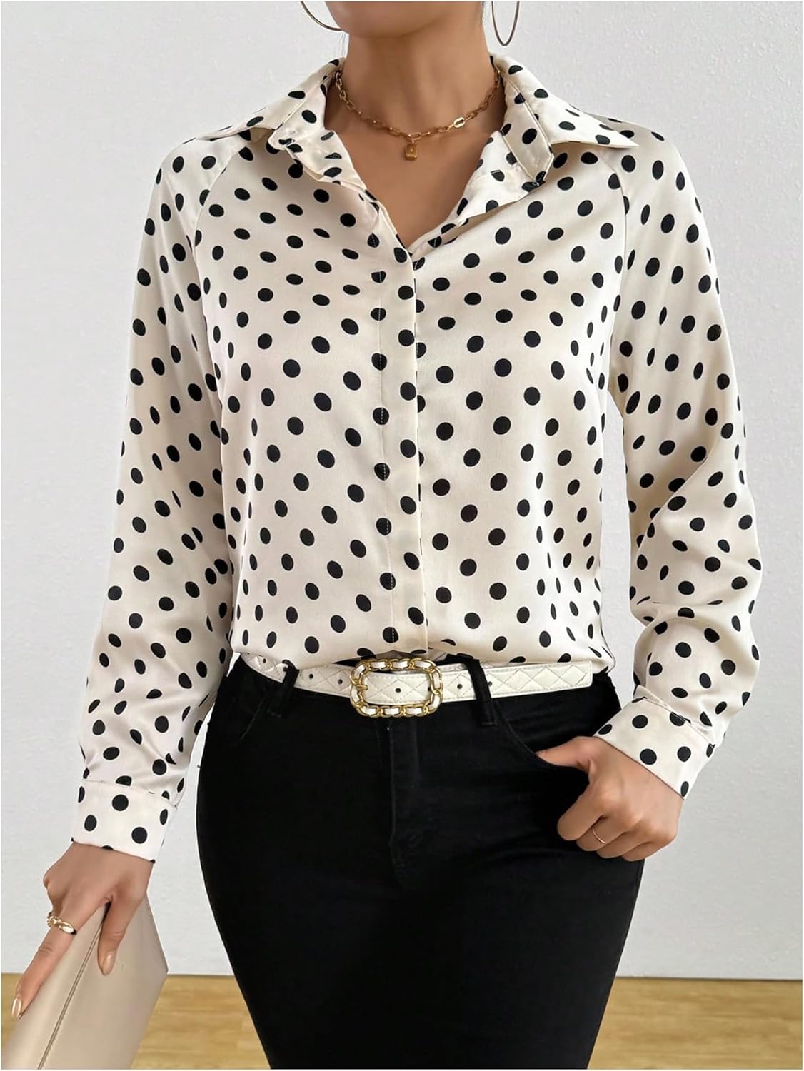 SweatyRocks Women's Button Down Shirts Long Sleeve Polka Dots Business Casual Satin Blouse Top - Image 3