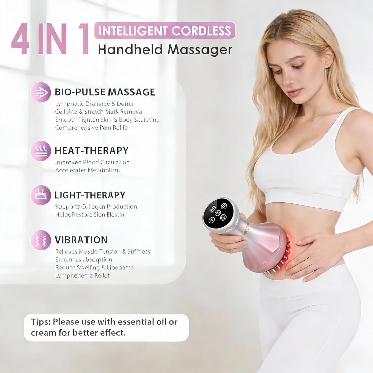Nuevo Mi Jardin 4-in-1 Lymphatic Drainage Massager - Anti-Cellulite Tool with Heating/Vibration/Light Therapy, Cordless Handheld for Cellulite & Legs/Belly/Back/Hips Pain Relief & Skin Tightening