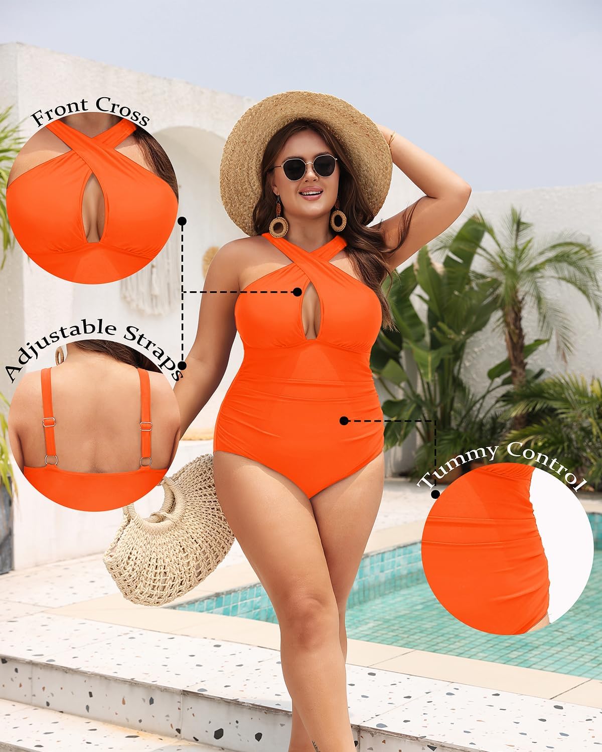 Daci Womens Front Cross Plus Size One Piece Swimsuits Tummy Control Keyhole Bathing Suits Swimwear - Image 4