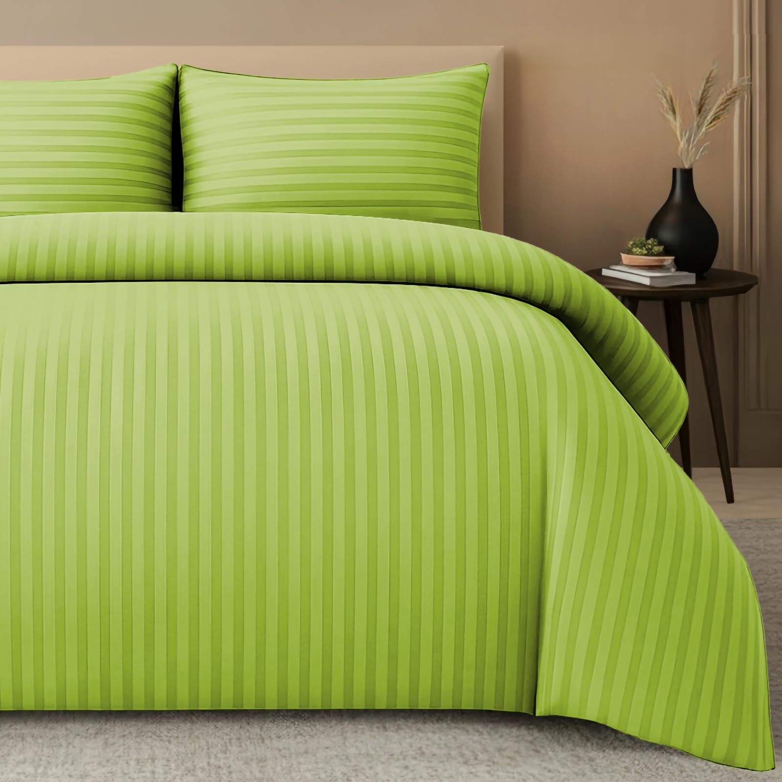 Pamposh Lime Green Satin Stripe Double Duvet Set - Premium Hotel Quality Quilt Cover Bedding Sets - Hypoallergenic Ultra Soft Microfiber Bed Linen