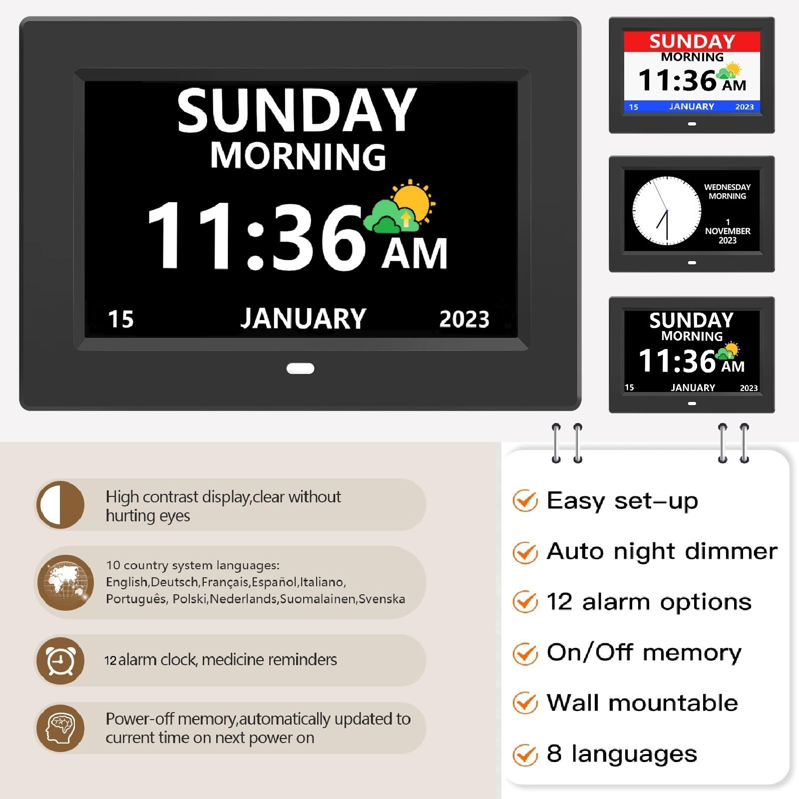 LXBYJKJ Reloj digital de 7 pulgadas con alarma de fuente grande | Con día y fecha para ancianos, alarmas personalizables, 3 modos de visualización DST automático